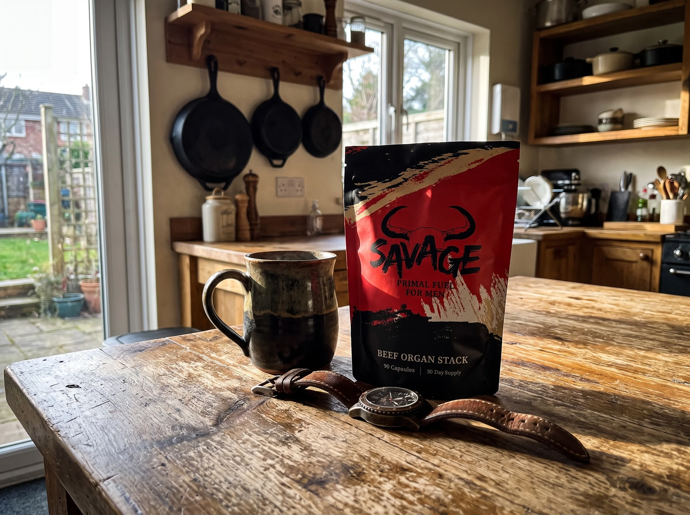 The Savage Beef Organ Stack pouch, a red and black stand-up pouch with a bull-horn logo, sitting on a weathered wooden kitche