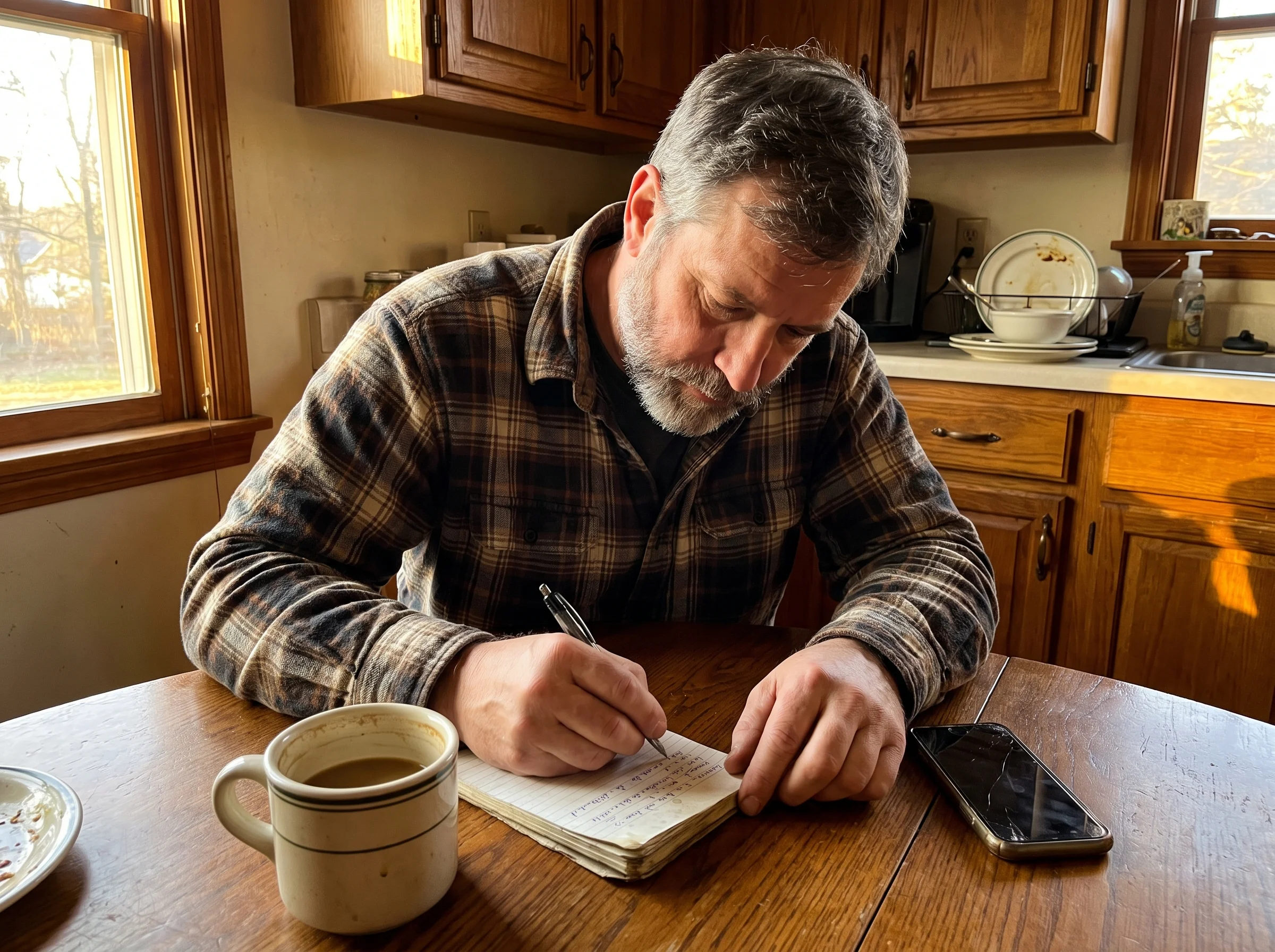 A middle-aged man in a flannel shirt at a kitchen table writing in a small notebook, coffee cup and phone next to him, late a