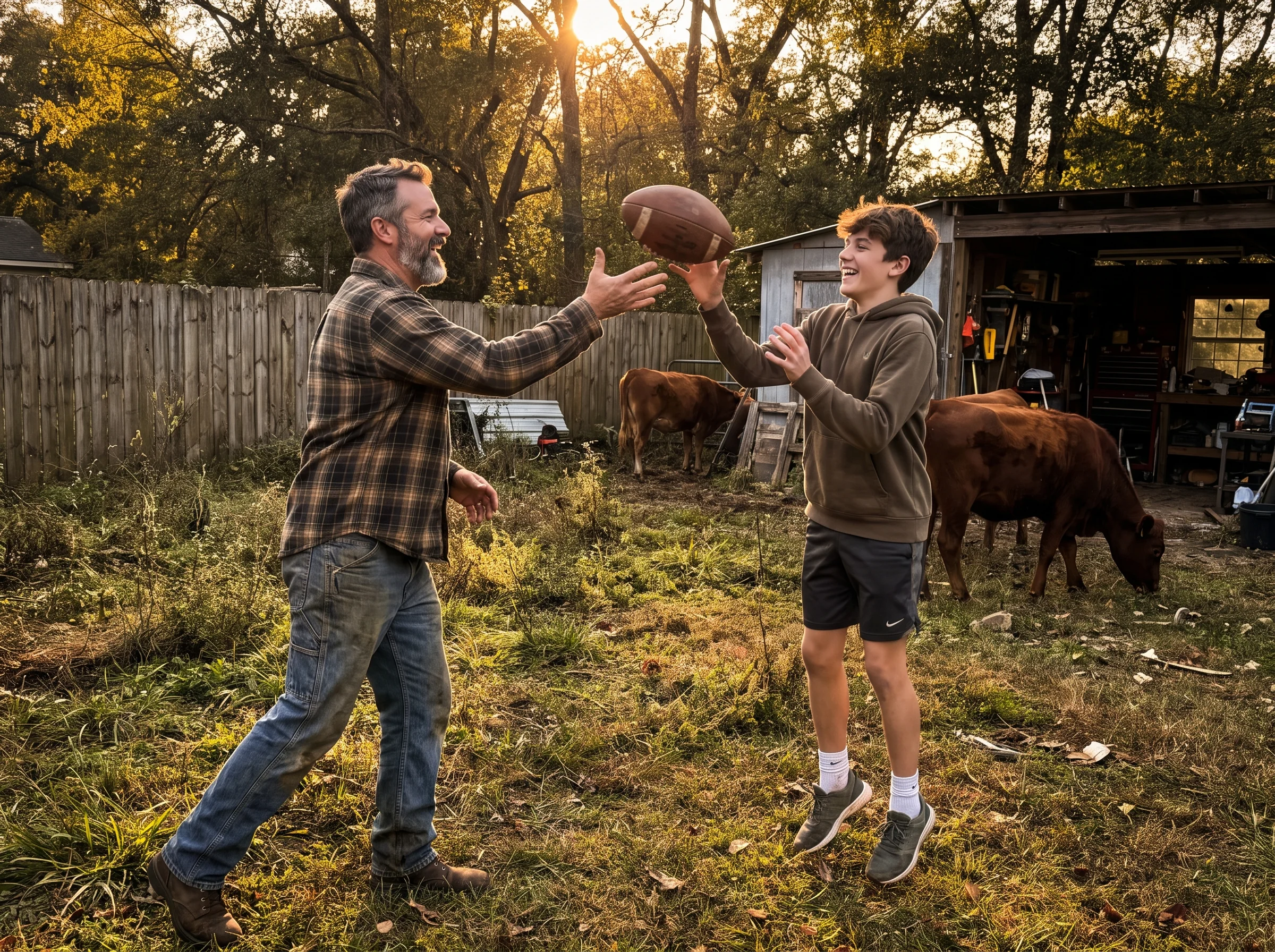 A father in his early 50s tossing a football with his teenage son in a backyard at golden hour, both laughing, real and unpos