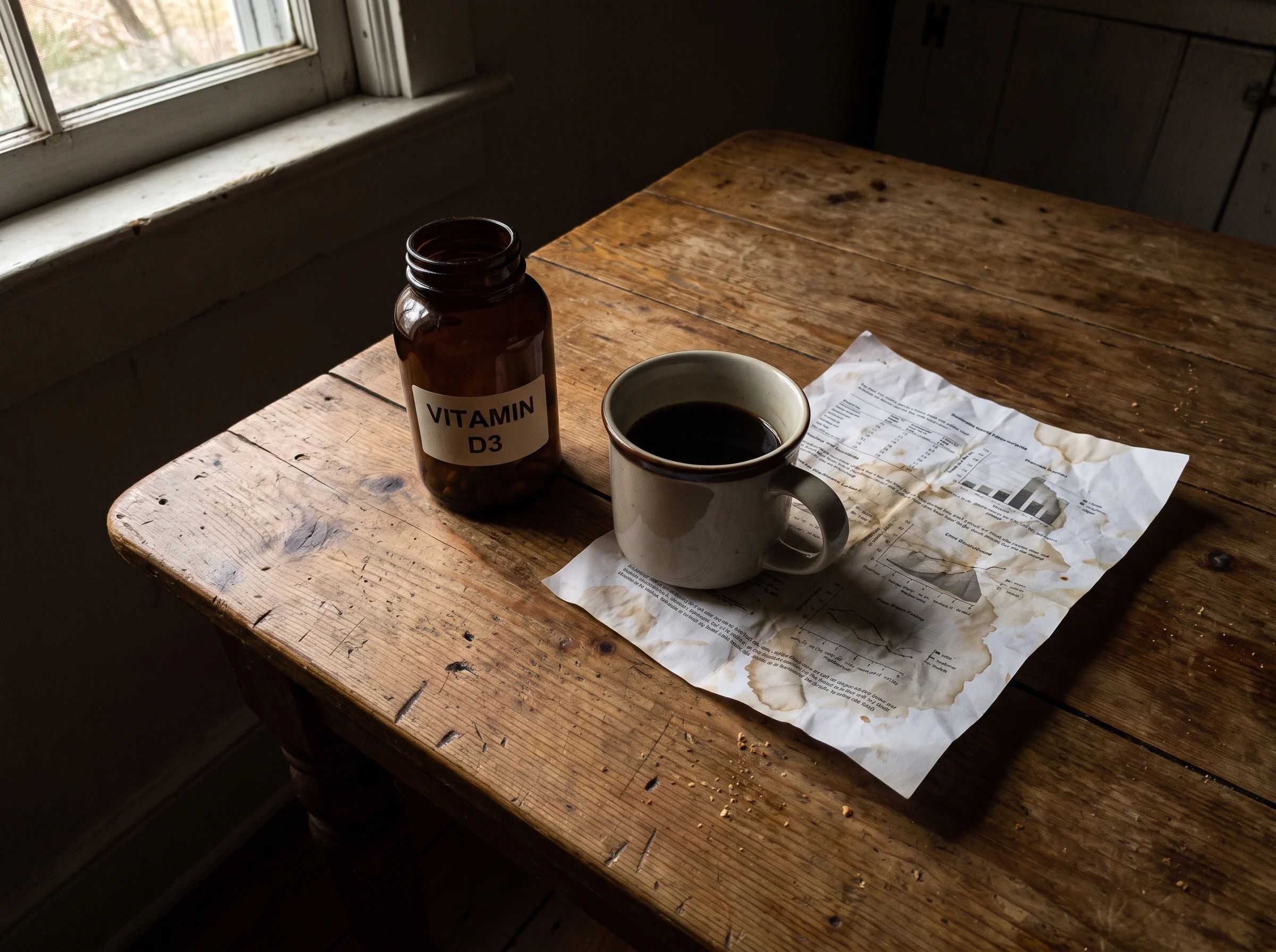 Overhead shot of a wooden kitchen table with a plain generic D3 bottle, a coffee mug, and a crumpled lab printout under moody
