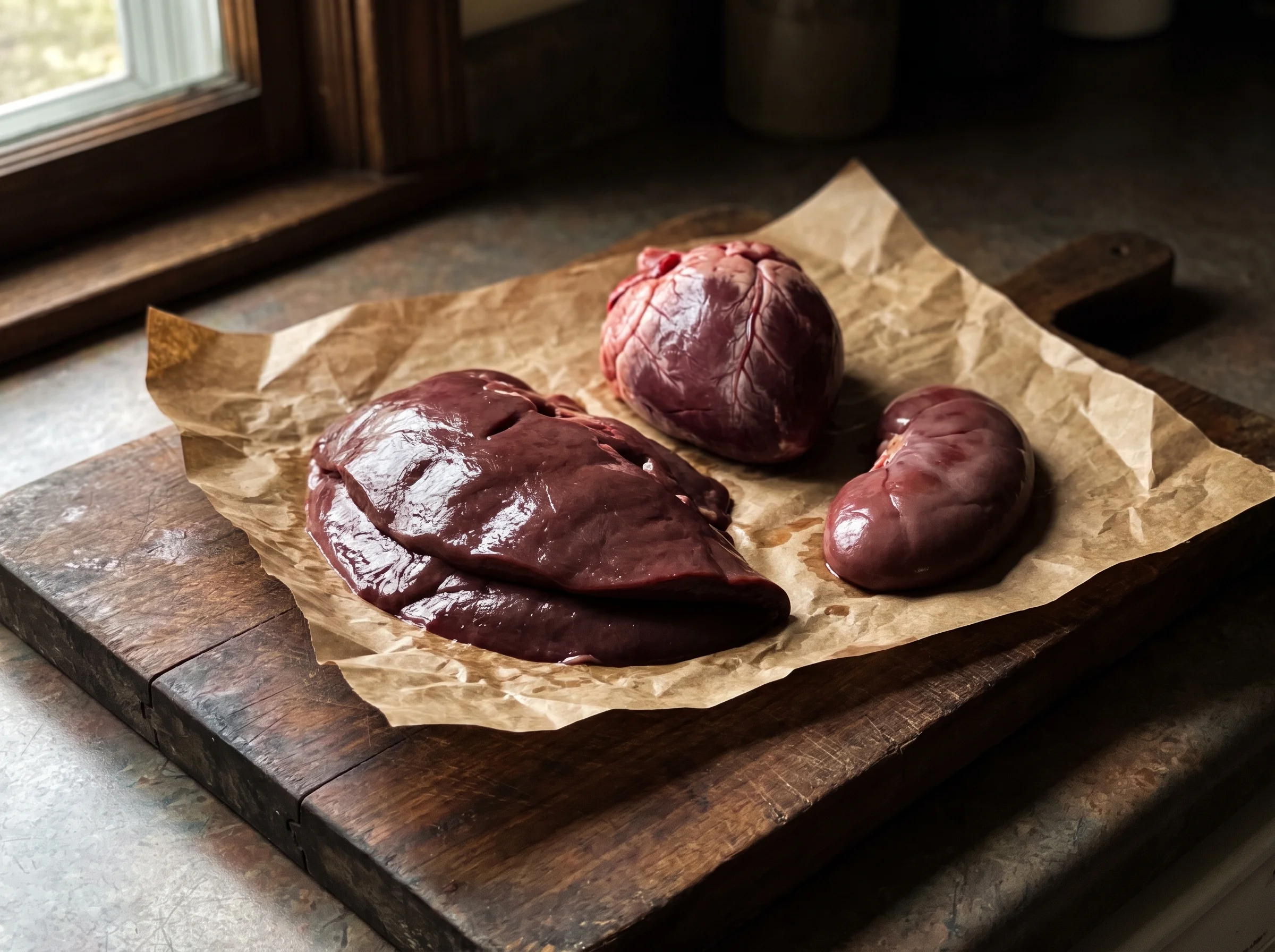 Raw beef liver, heart, and kidney arranged on butcher paper on a dark wooden board, natural window light, earthy tones.