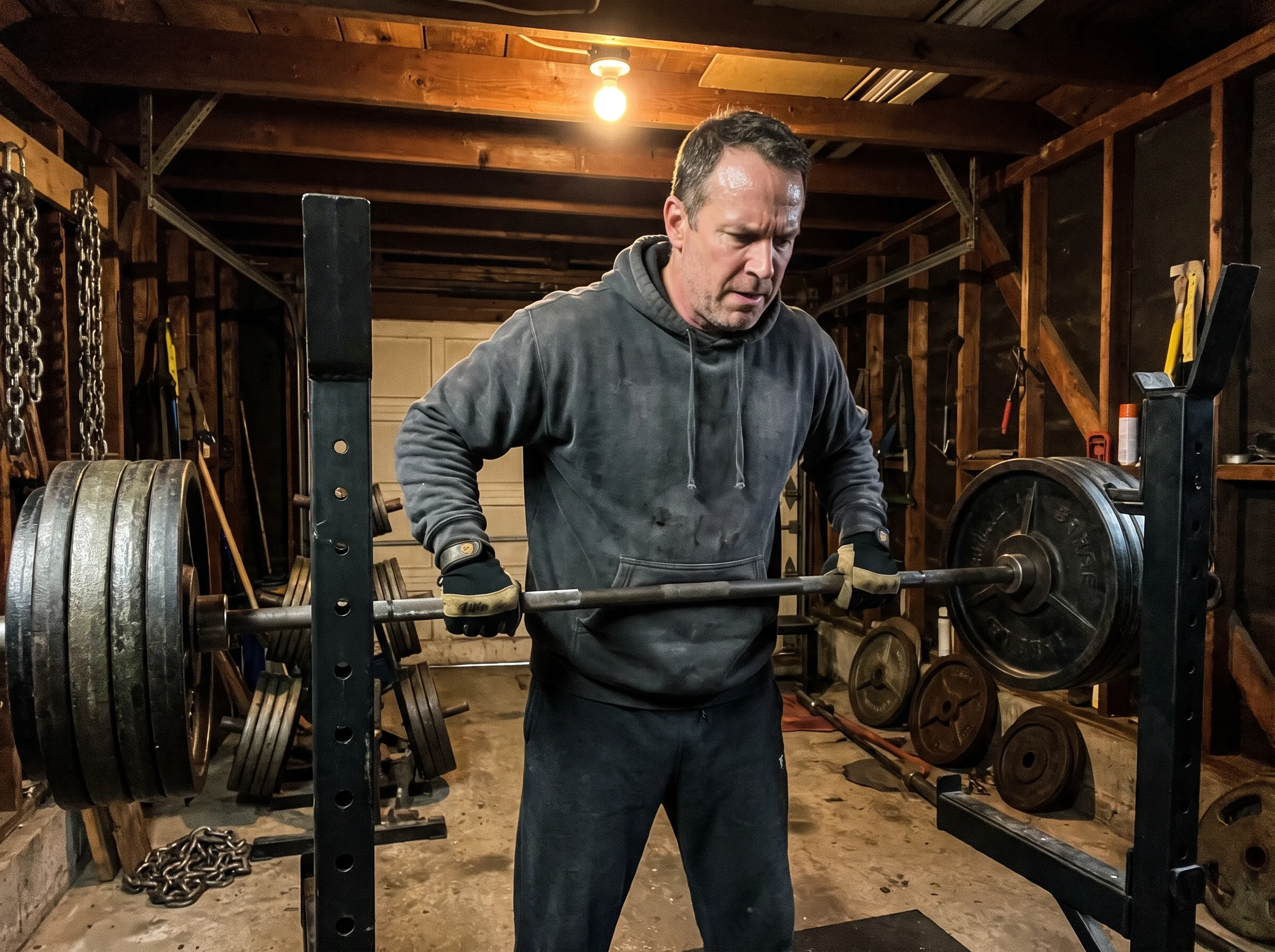 A man in his early 50s in a home garage gym, gripping a loaded barbell mid-setup, worn hoodie, focused expression, dim overhe