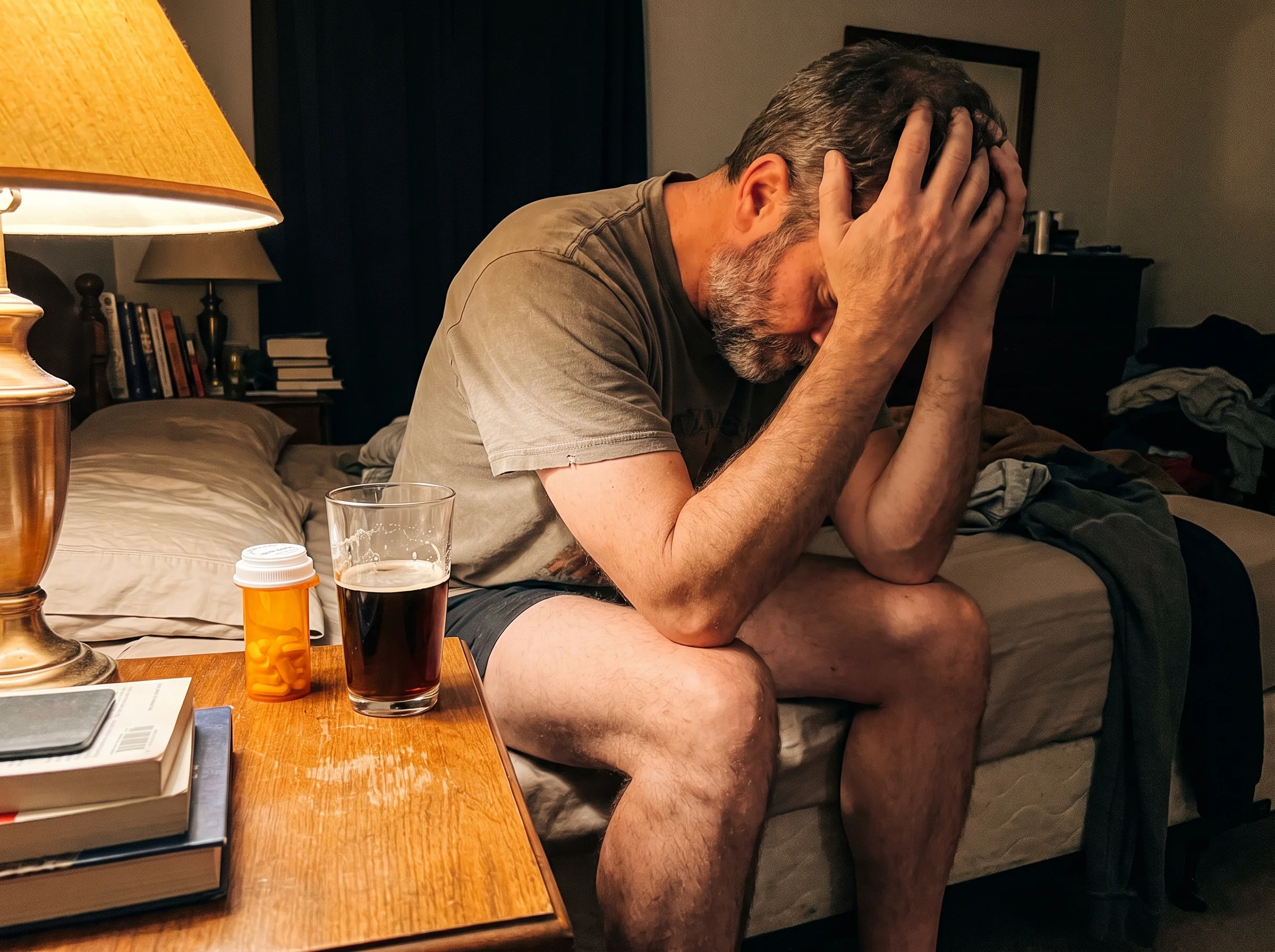 A tired man in his early 50s sitting on the edge of his bed at night, elbows on knees, a half-full glass of beer on the night