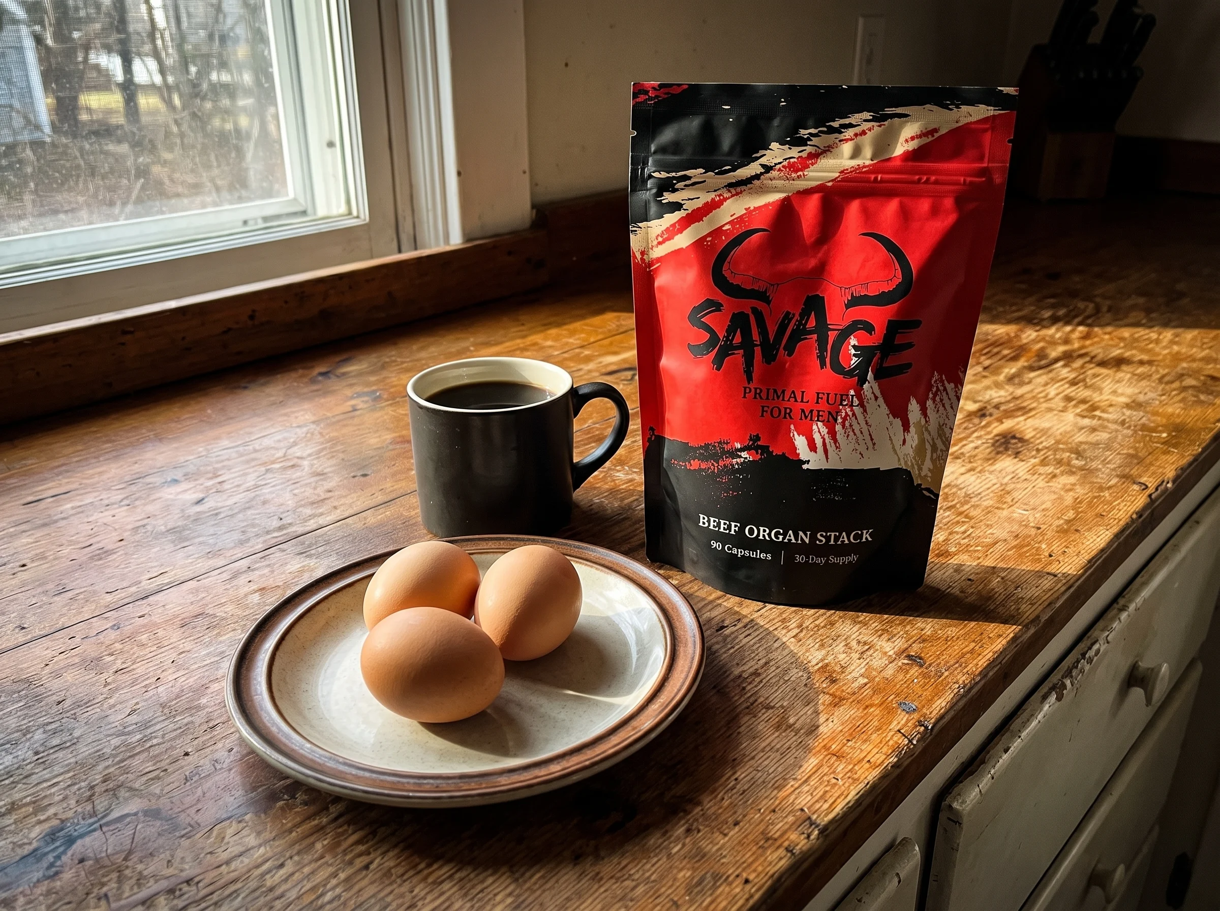 The Savage Beef Organ Stack pouch, a red and black stand-up pouch with a bull-horn logo, sitting on a rustic wooden kitchen c