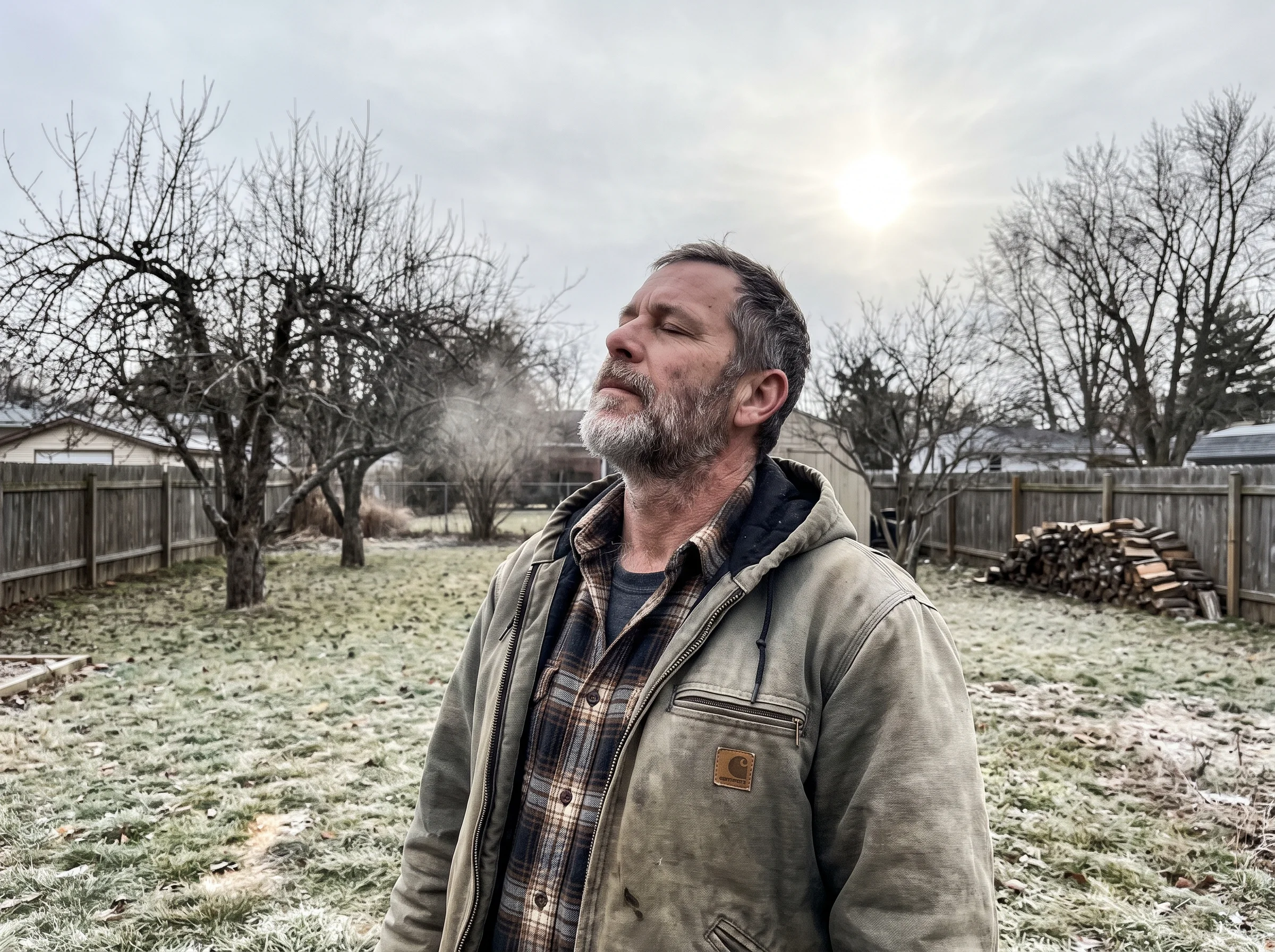 A man in his early 50s standing outside on a cold Saturday, coat unzipped, face up to the winter sun, backyard grass and bare