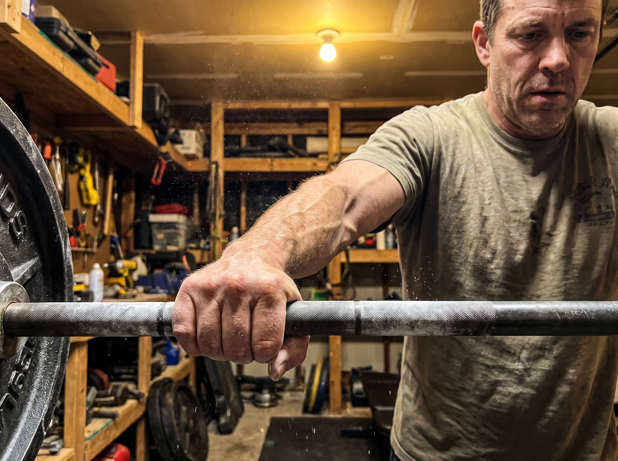 Close-up of a man's calloused, veined forearm and hand gripping a loaded barbell in a home garage gym. Chalk dust in the air,