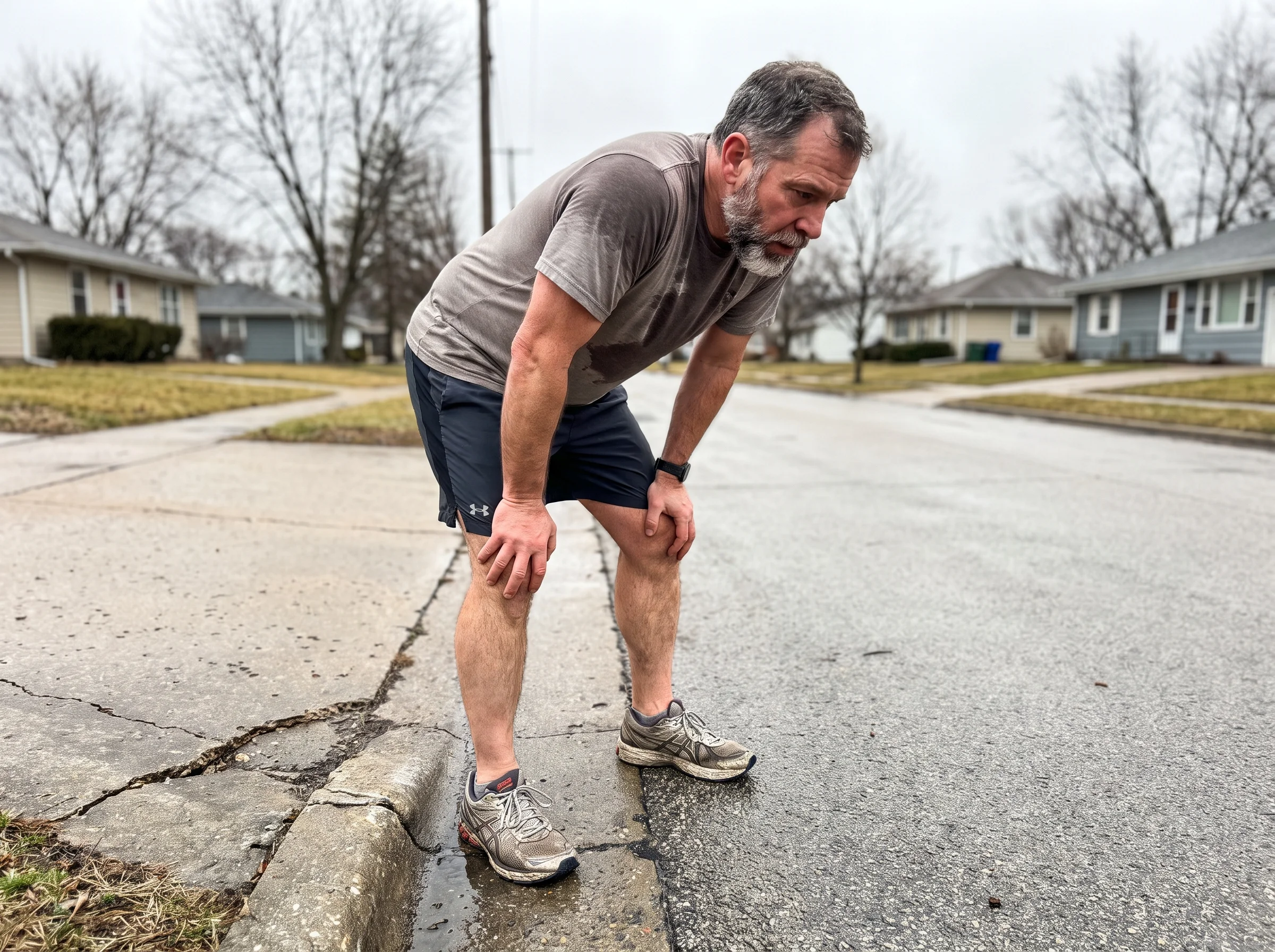 A middle-aged man in running shoes and shorts sitting on a curb after a run, hands on knees, catching his breath, staring at 