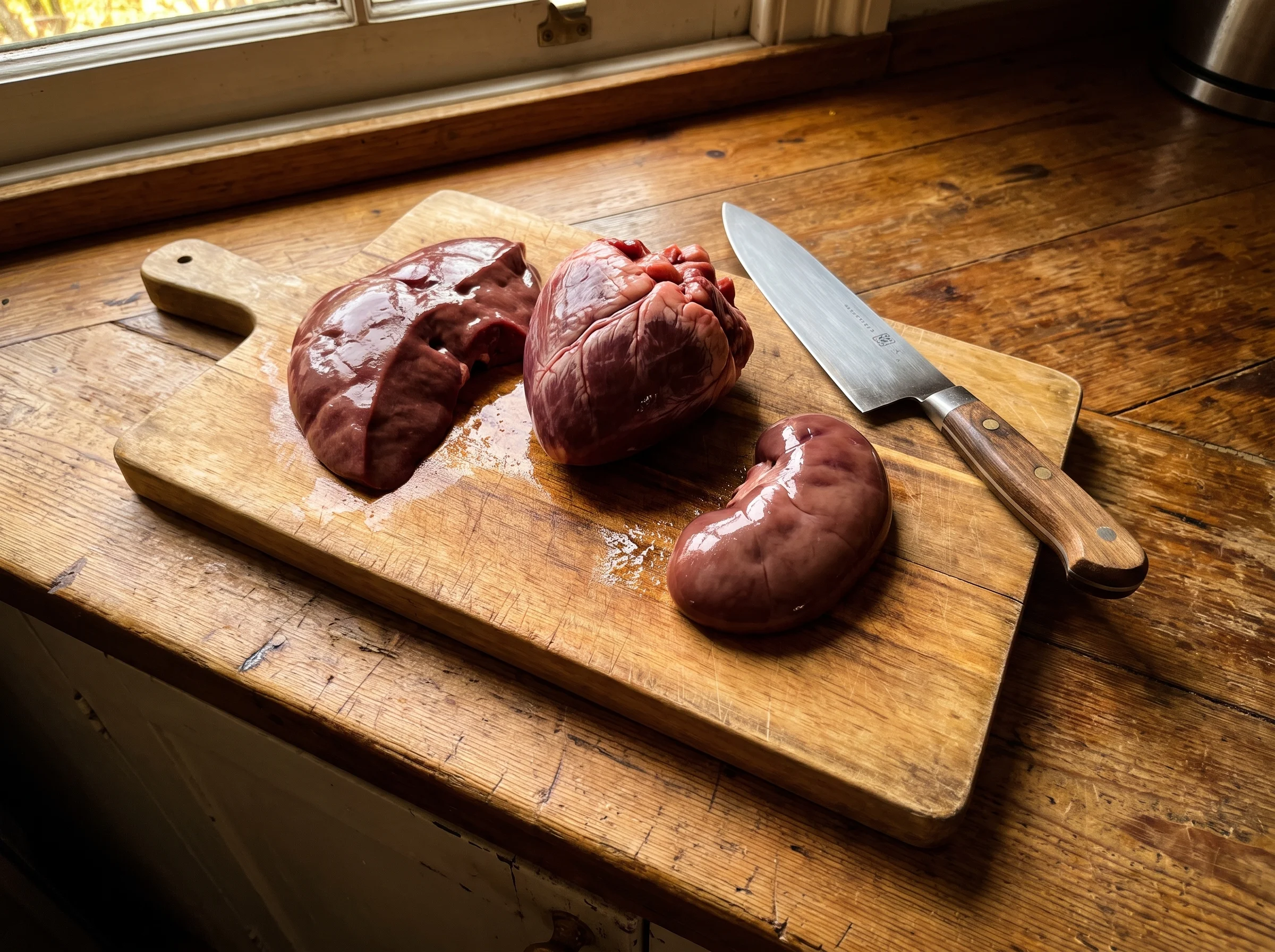 A wooden cutting board on a rustic kitchen counter with raw beef liver, heart, and kidney arranged next to a chef's knife. Wa