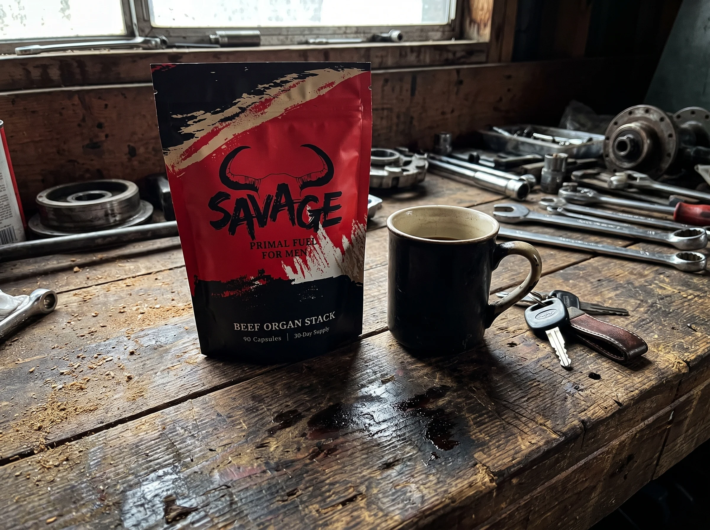 The Savage Beef Organ Stack pouch, a red and black stand-up pouch with a bull-horn logo, sitting on a weathered wood workbenc