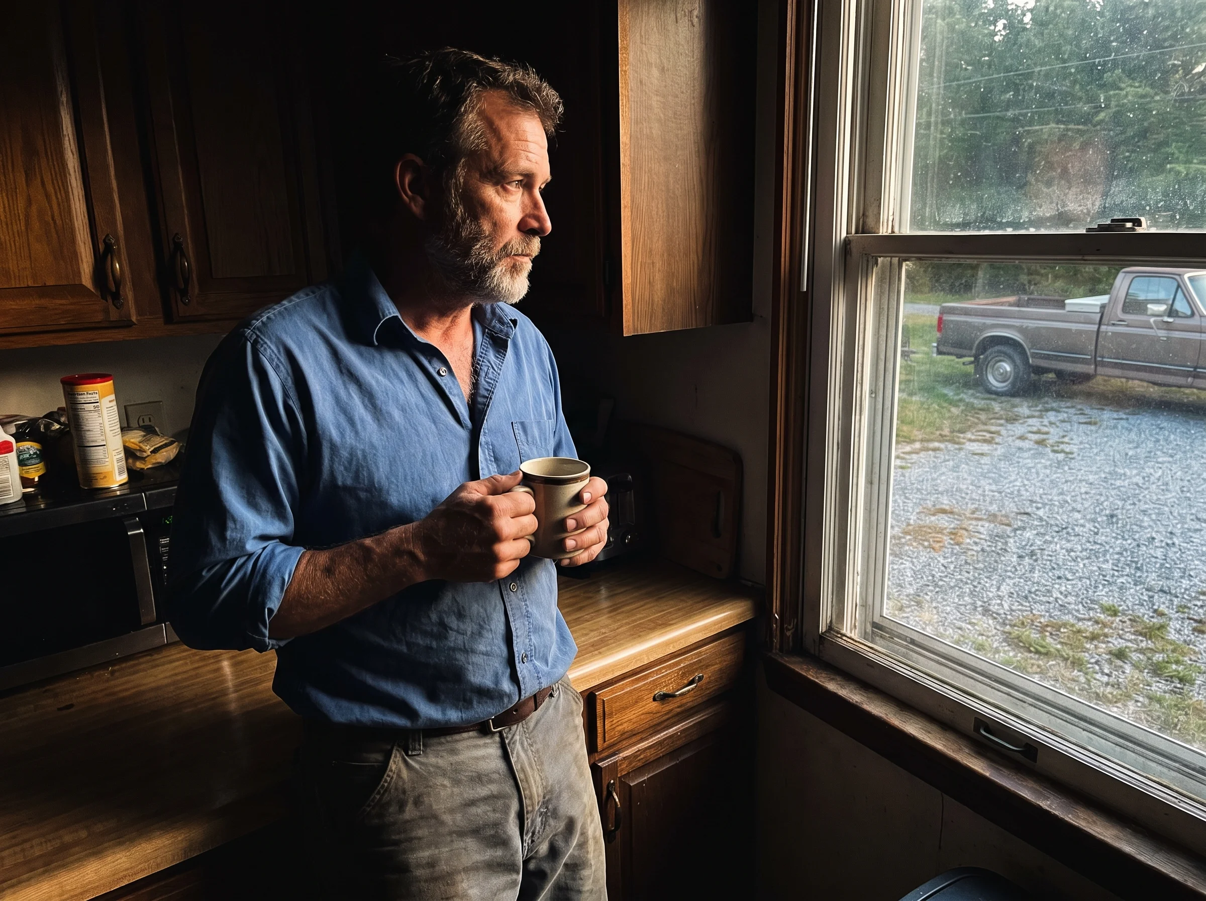 A weathered man in his early 50s standing at his kitchen window in the early morning light, mug in hand, blue button-down hal