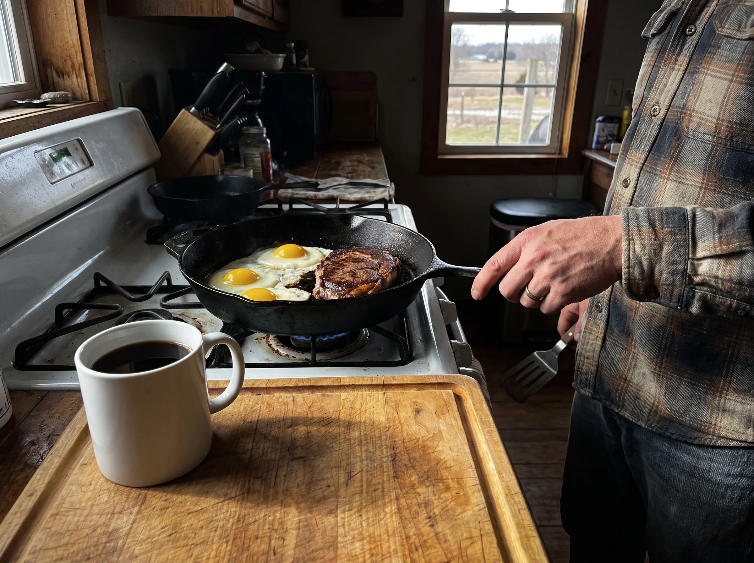 A cast iron skillet on a gas burner with three eggs frying next to a thick slice of sirloin, morning light coming in low acro