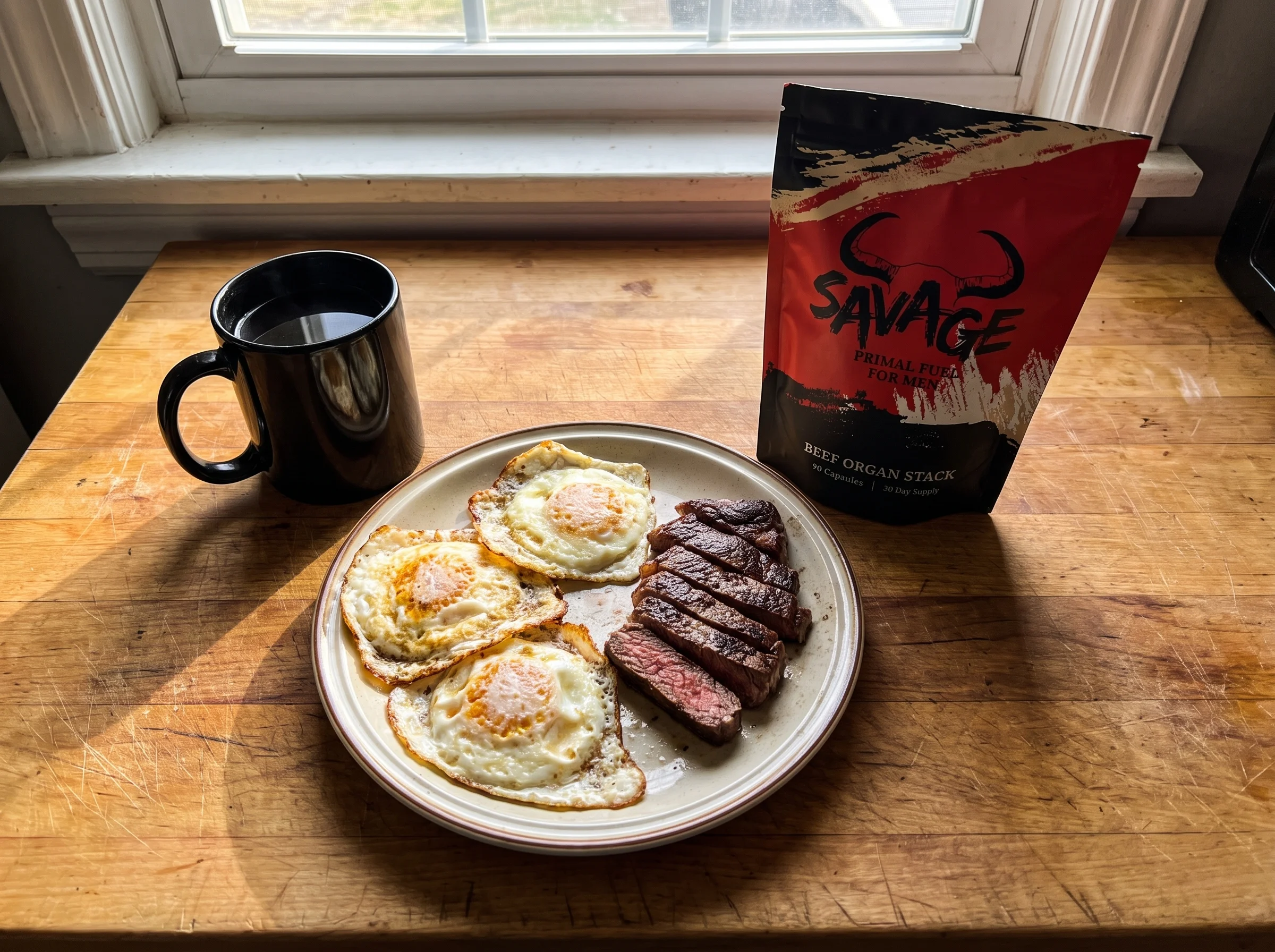 A simple honest breakfast plate on a wooden kitchen counter in morning light: three fried eggs, a sliced sirloin, a black cof