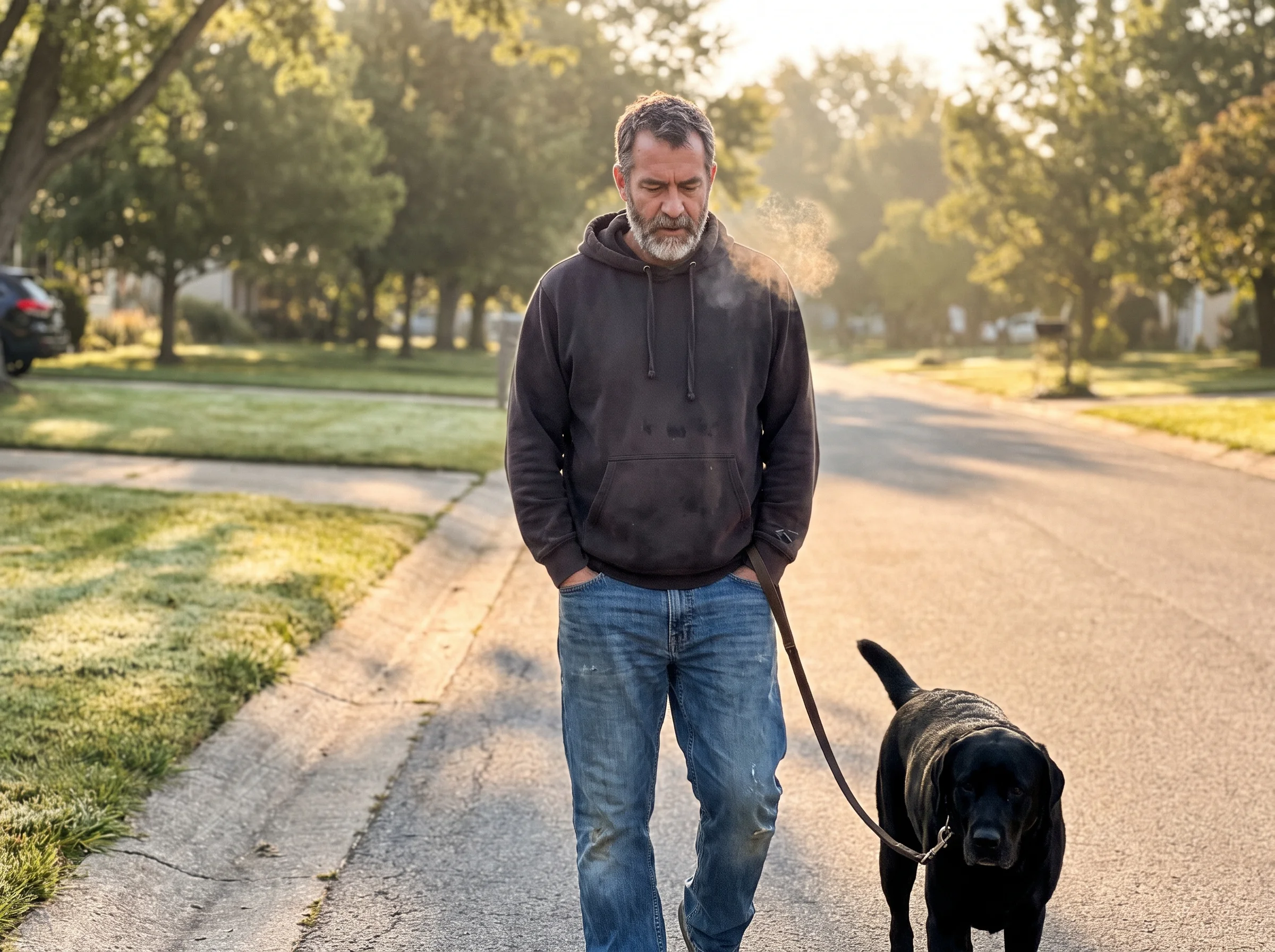 A man in his early 50s walking a black lab down a quiet suburban street just after sunrise, jeans and a worn hoodie, breath v
