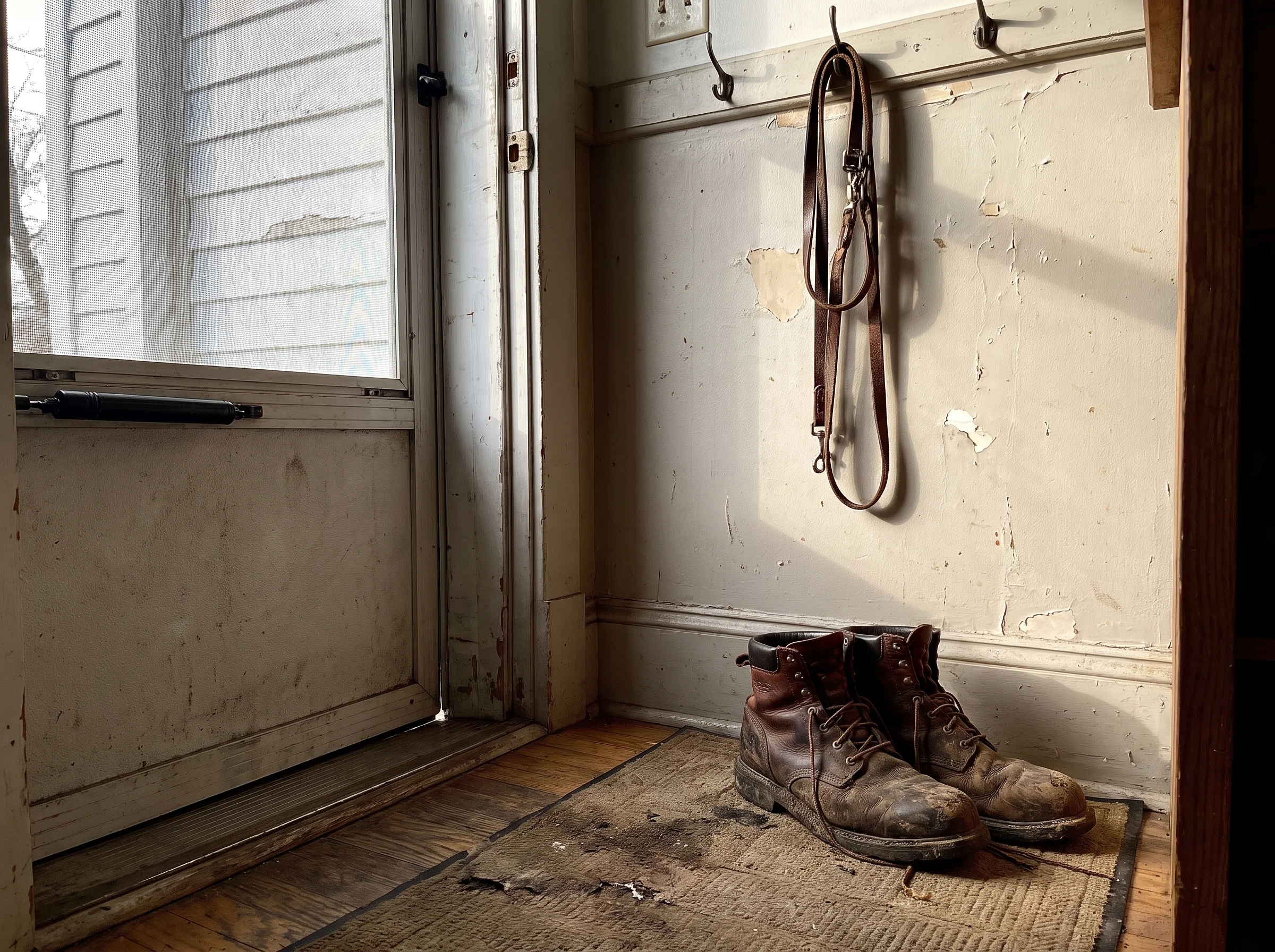 A pair of scuffed leather work boots by the back door of a modest home, a dog leash hung on the hook above them, morning ligh