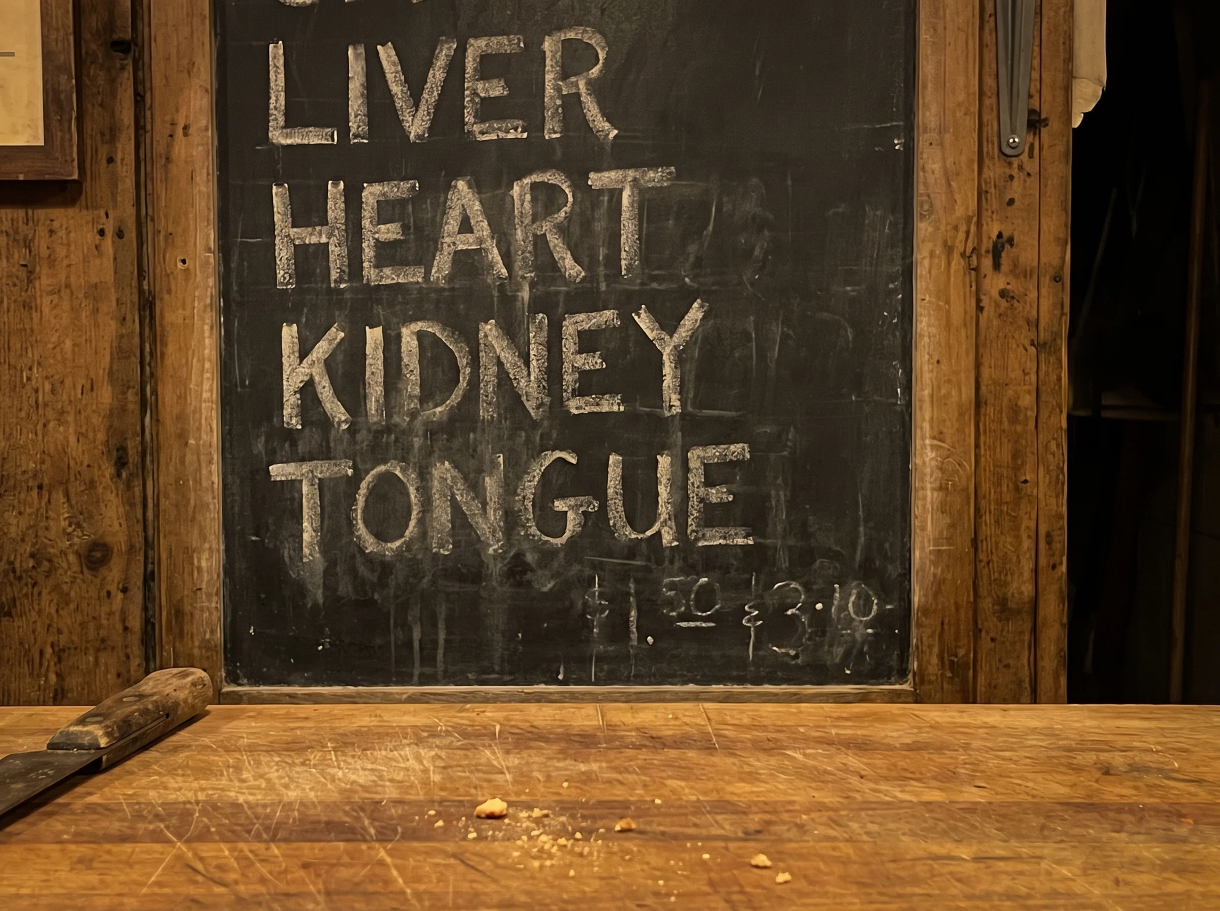A close-up of an old butcher shop chalkboard menu listing liver, heart, kidney, and tongue in faded chalk, warm tungsten ligh