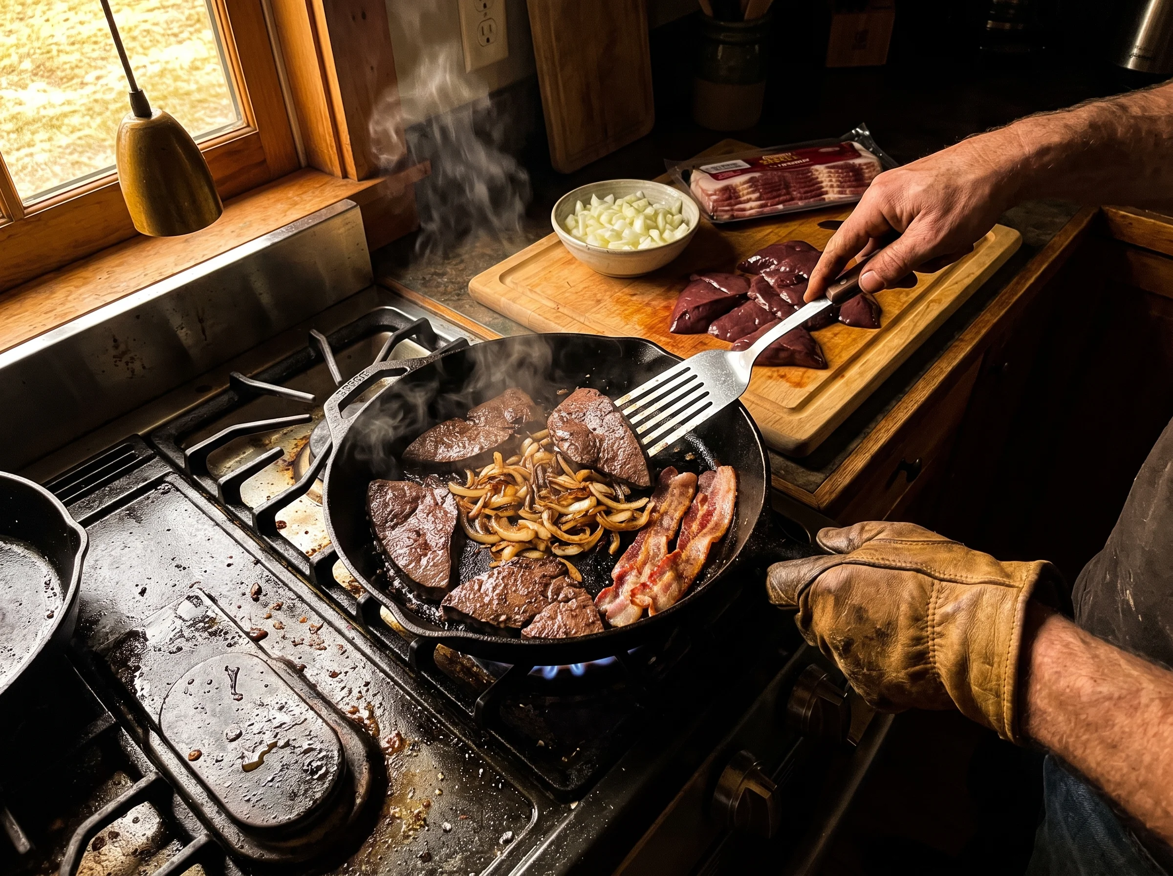 A cast iron skillet on a gas burner with sliced beef liver, caramelized onions, and bacon, shot from directly above with stea