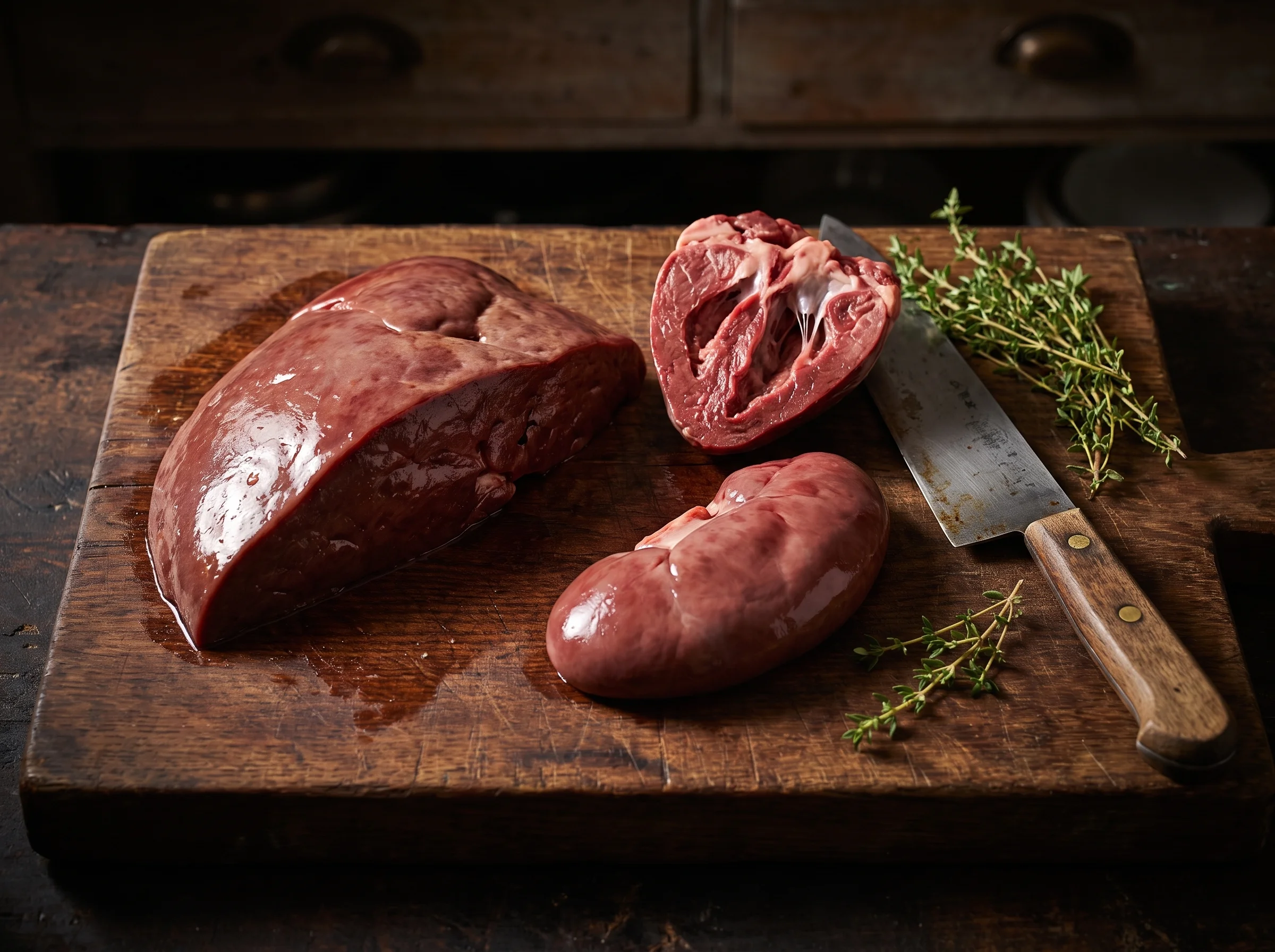 A rustic wooden cutting board holding fresh, whole raw beef liver, a beef heart cut in half, and a kidney arranged next to a 