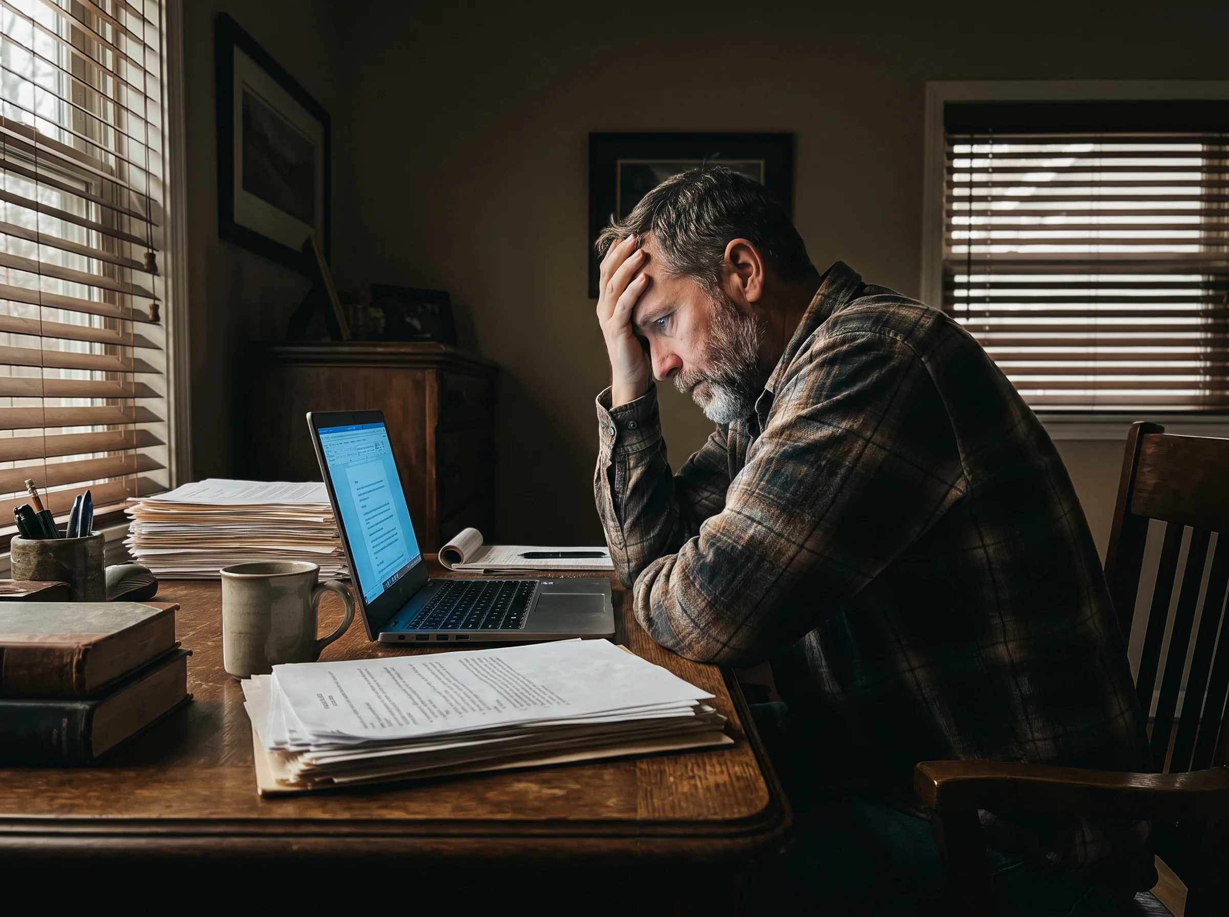 A man in his early 50s slumped forward at a wooden desk in the late afternoon, forehead resting on the back of his hand, lapt