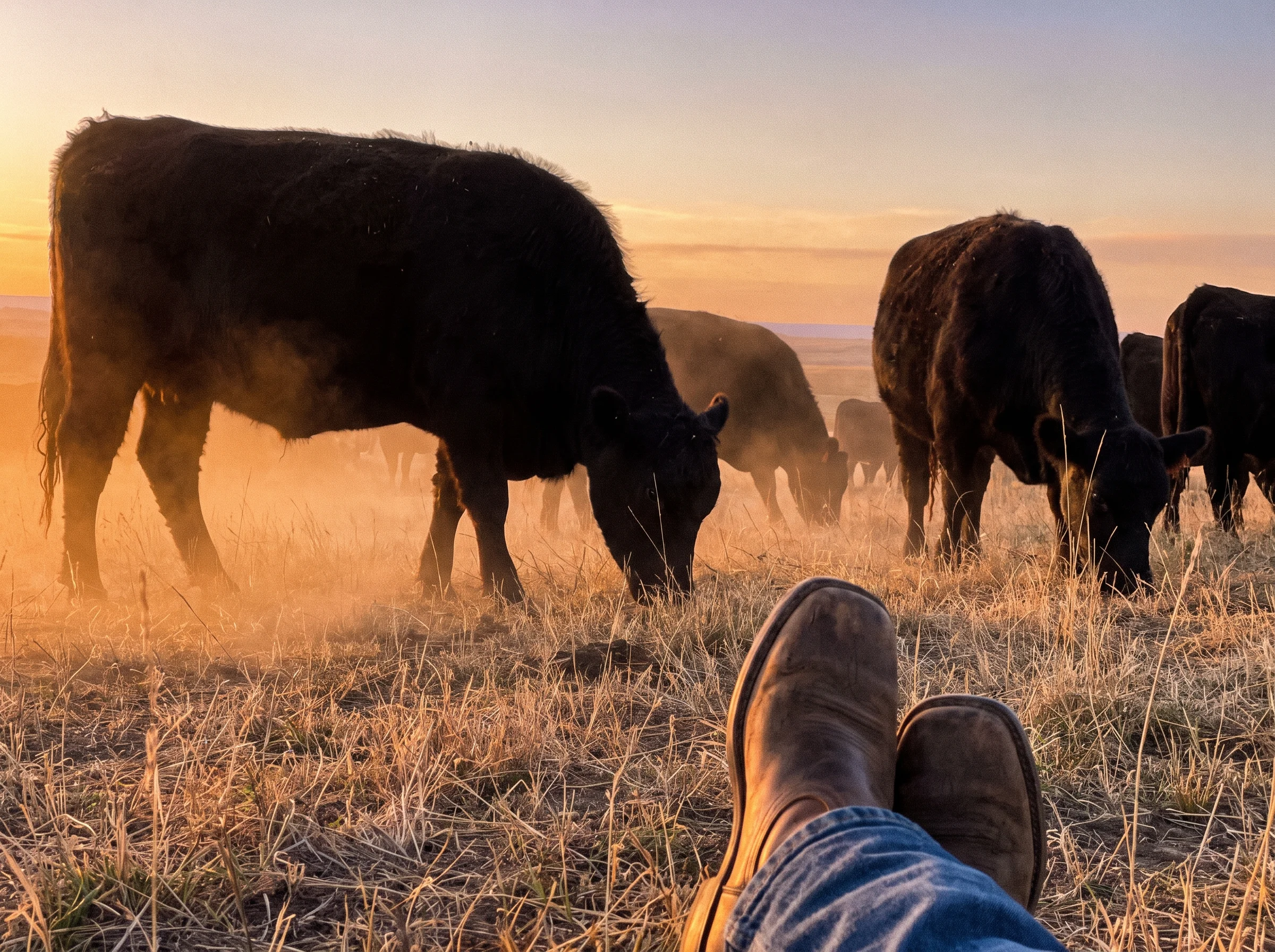 Grass-fed black Angus cattle grazing on open pasture at golden hour, low horizon, warm dust in the light, taken from a low an