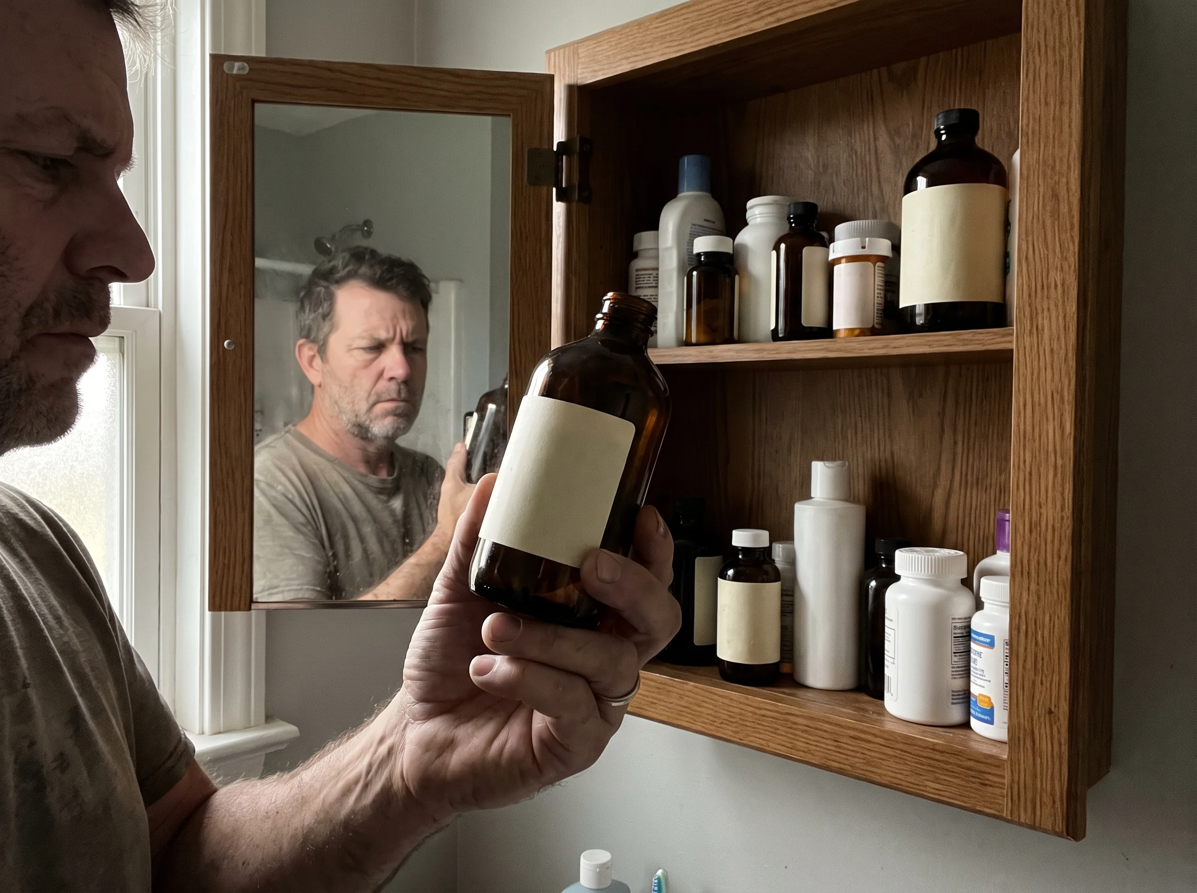 An open bathroom cabinet in soft morning light showing a row of plain, generic, unbranded supplement bottles crowded on the s