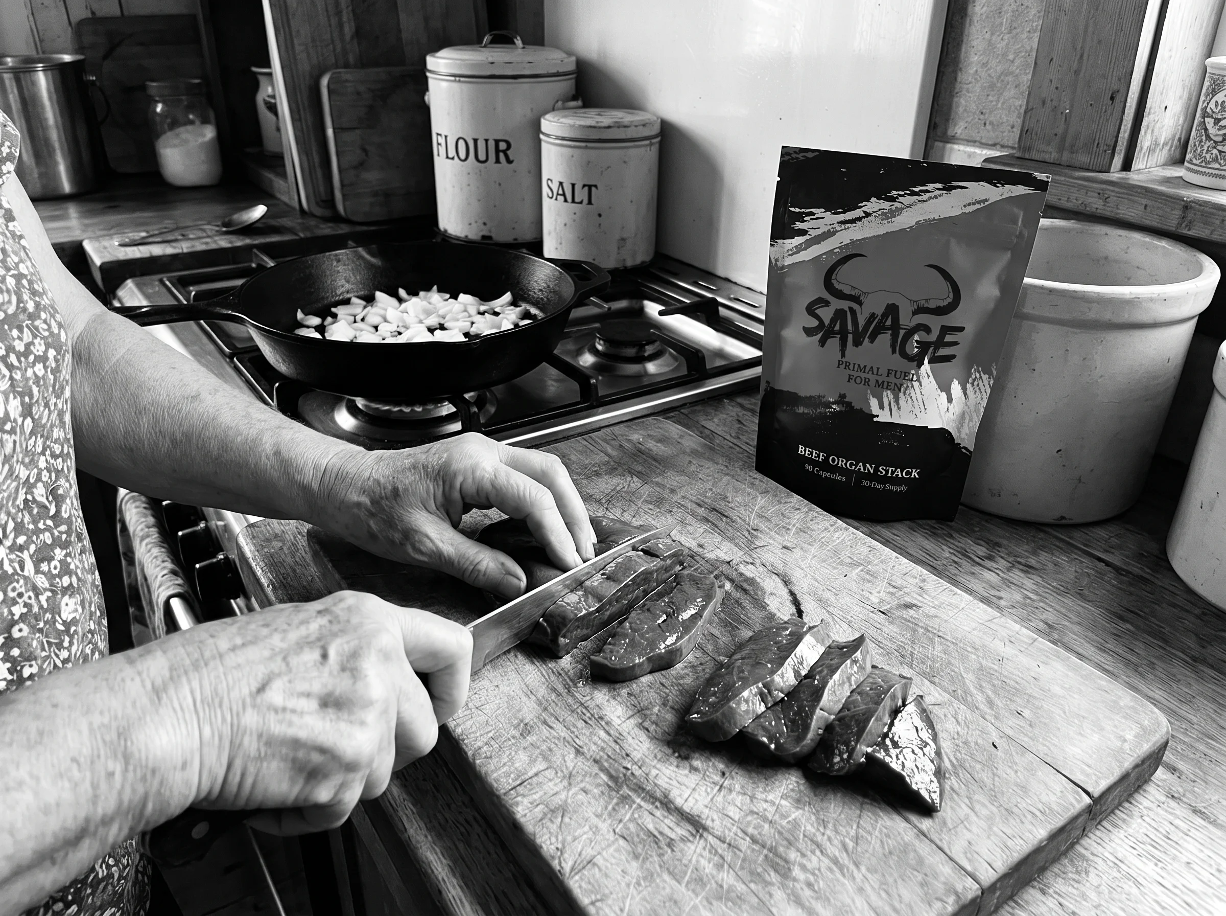 Black and white style kitchen scene, a grandmother's hands slicing beef liver on a wooden board next to a cast-iron skillet w