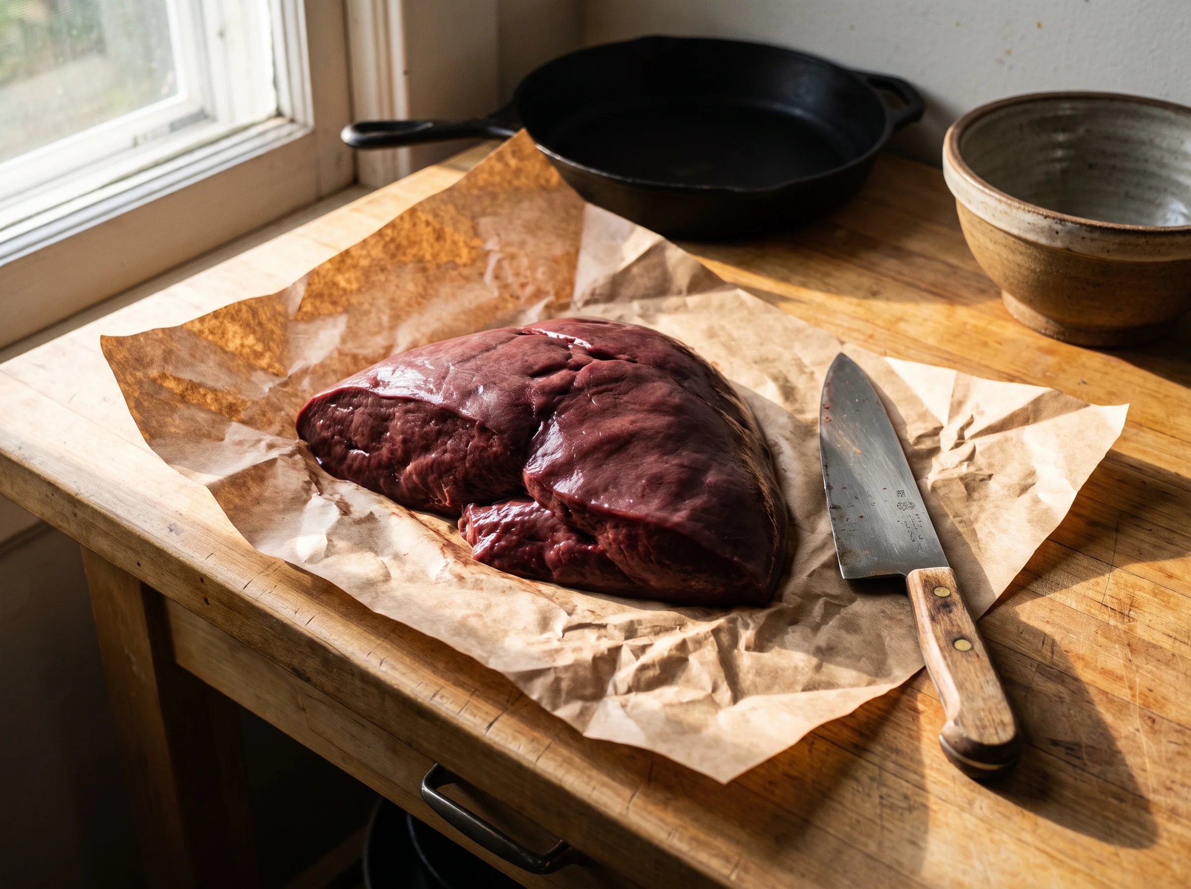 A raw whole beef liver on brown butcher paper on a wooden countertop, deep burgundy color, a chef's knife next to it, morning