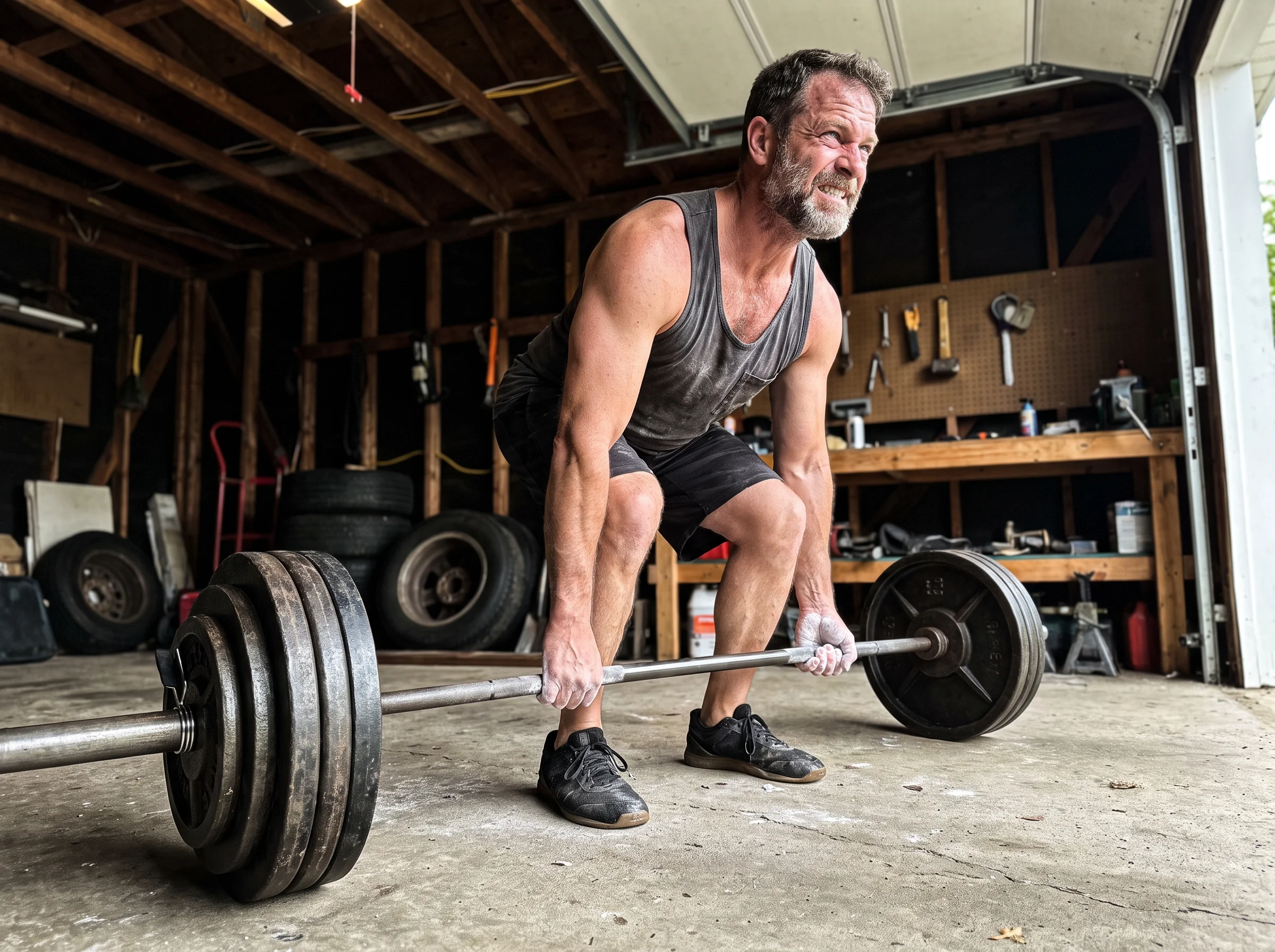 A man in his early 50s in a home garage gym, mid-set of a barbell deadlift, chalk on hands, worn tank top, plates loaded, no 