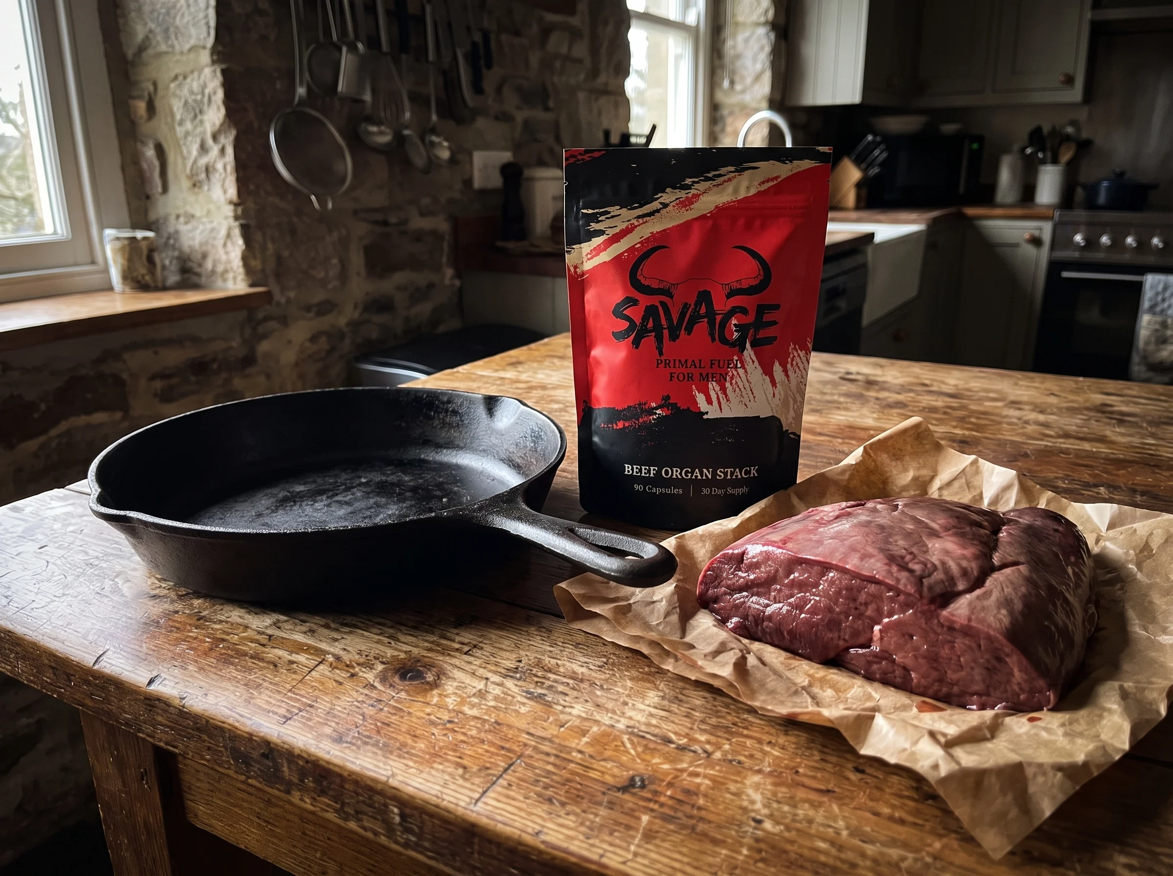 The Savage Beef Organ Stack pouch, a red and black stand-up pouch with a bull-horn logo, on a wooden kitchen counter next to 
