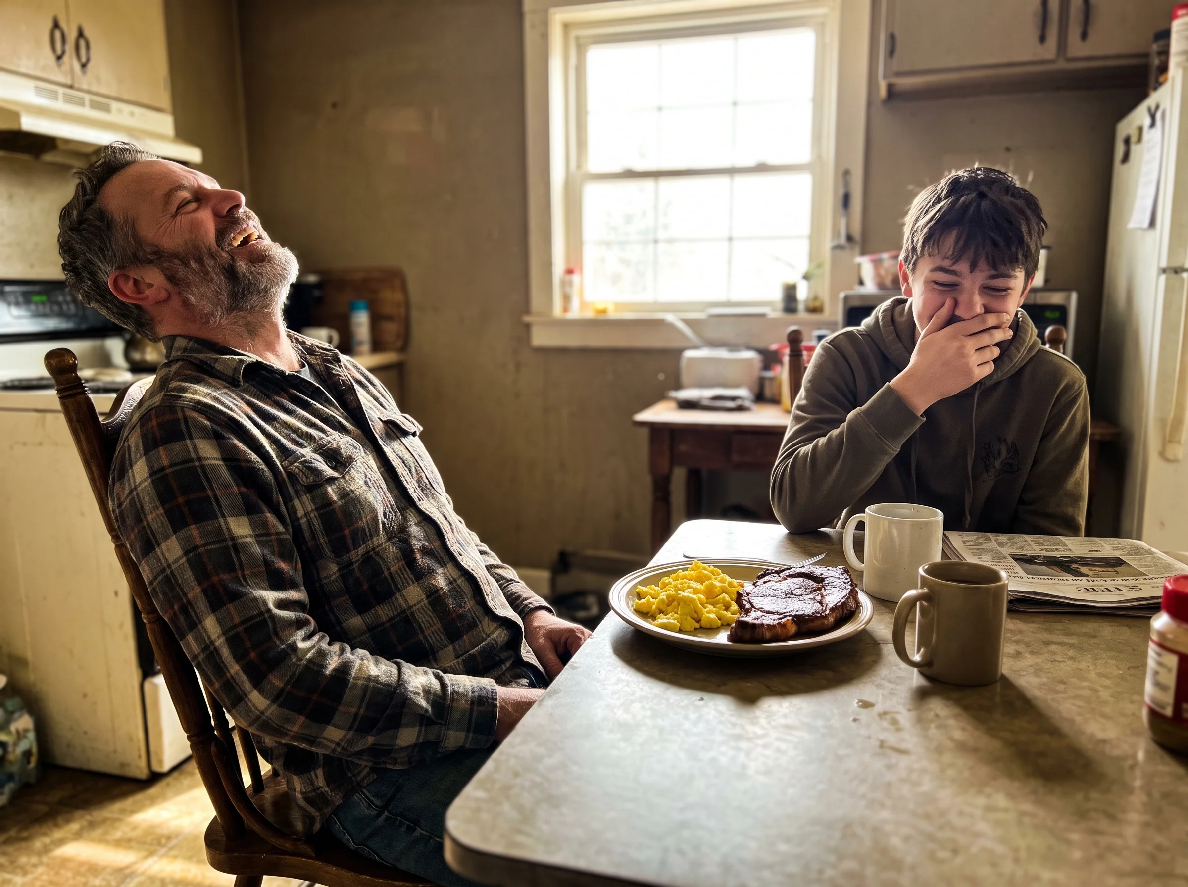A man in his early 50s sitting at a kitchen table with his teenage son at breakfast, both laughing at something, morning ligh