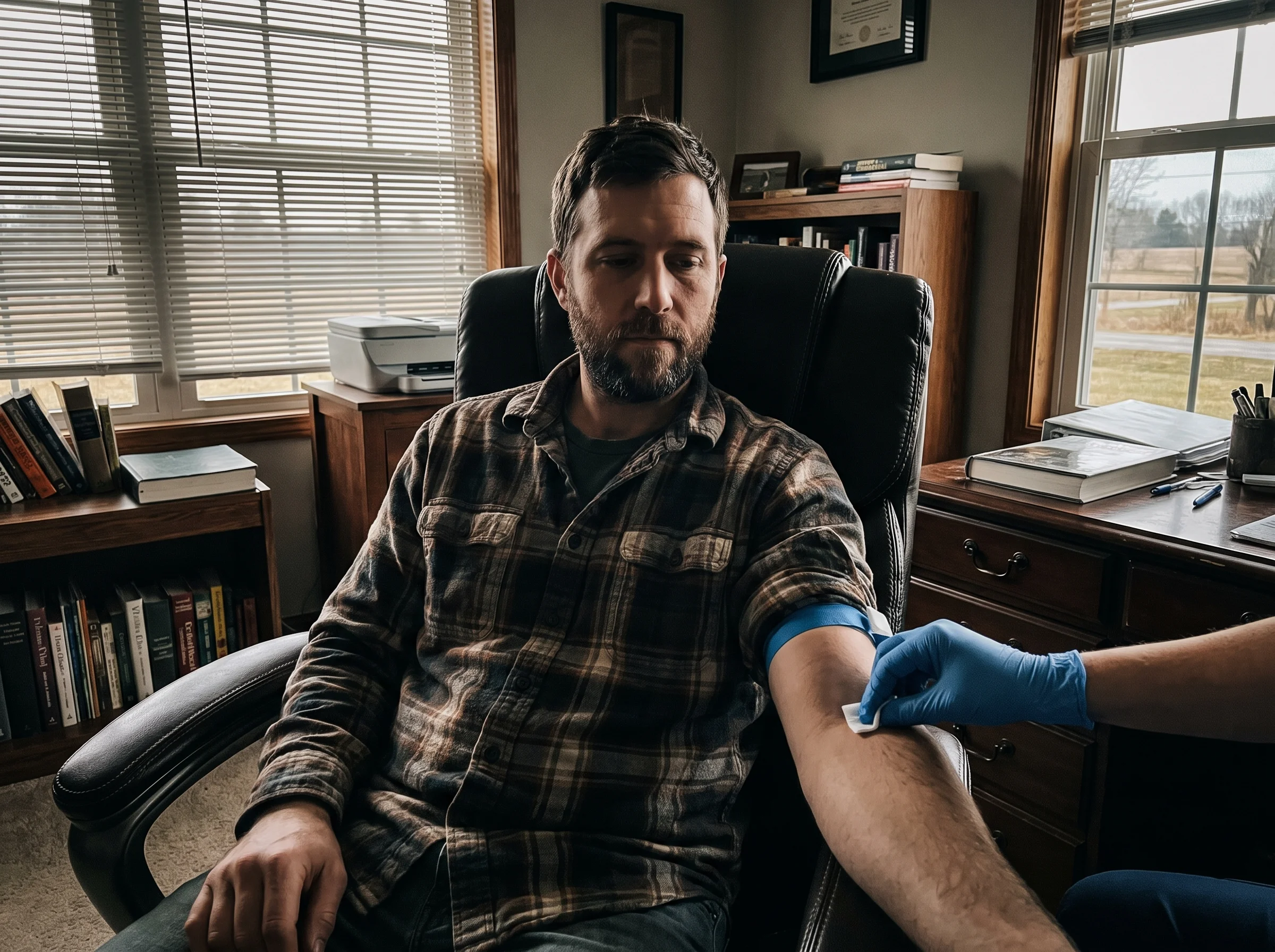 A man in his mid-30s in a phlebotomy chair at 7am, sleeve rolled up, morning light through the blinds, calm expression, a nur