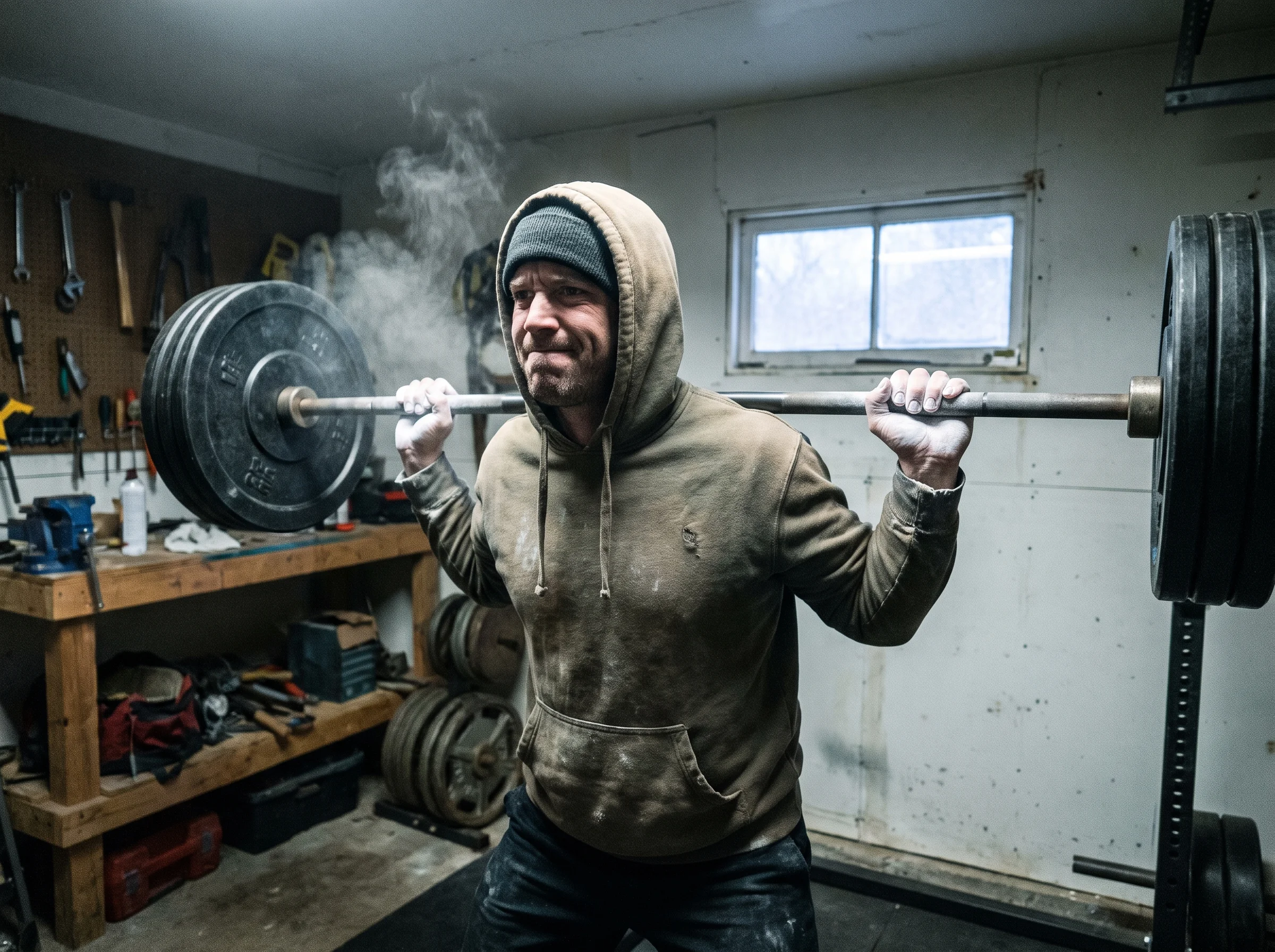 A man in his mid-30s in a home garage gym at dawn, mid-set on a barbell squat, chalk on his hands, breath visible in cold air