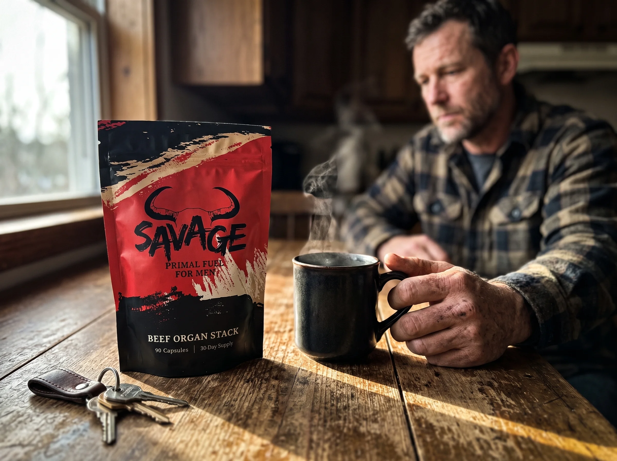 The Savage Beef Organ Stack pouch, a red and black stand-up pouch with a bull-horn logo and the words BEEF ORGAN STACK, sitti