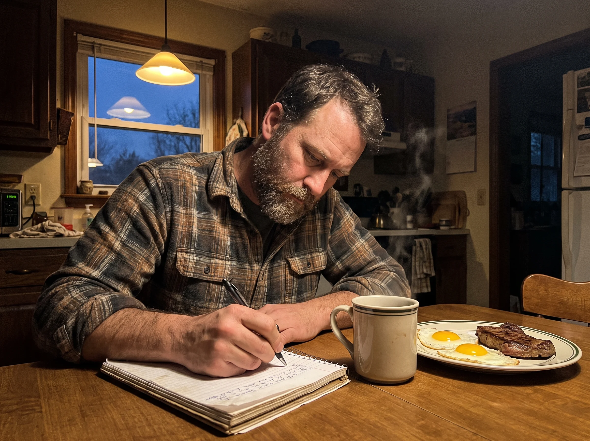 A man in his mid-30s writing in a spiral notebook at the kitchen table before dawn, coffee steaming, a plate with two whole e