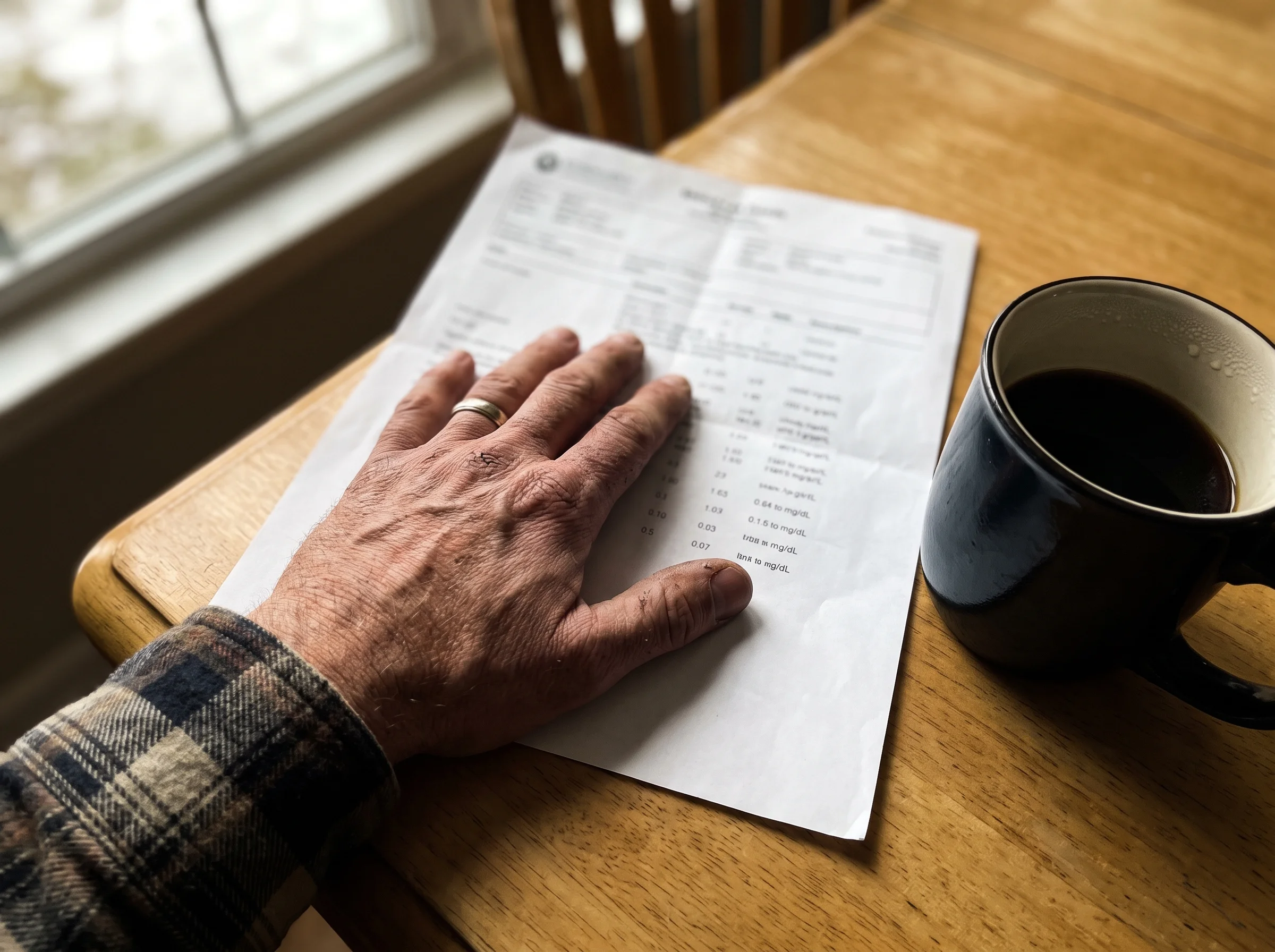 A close-up of a standard printed lab results page on a kitchen table next to a cold mug of coffee, morning light coming in si