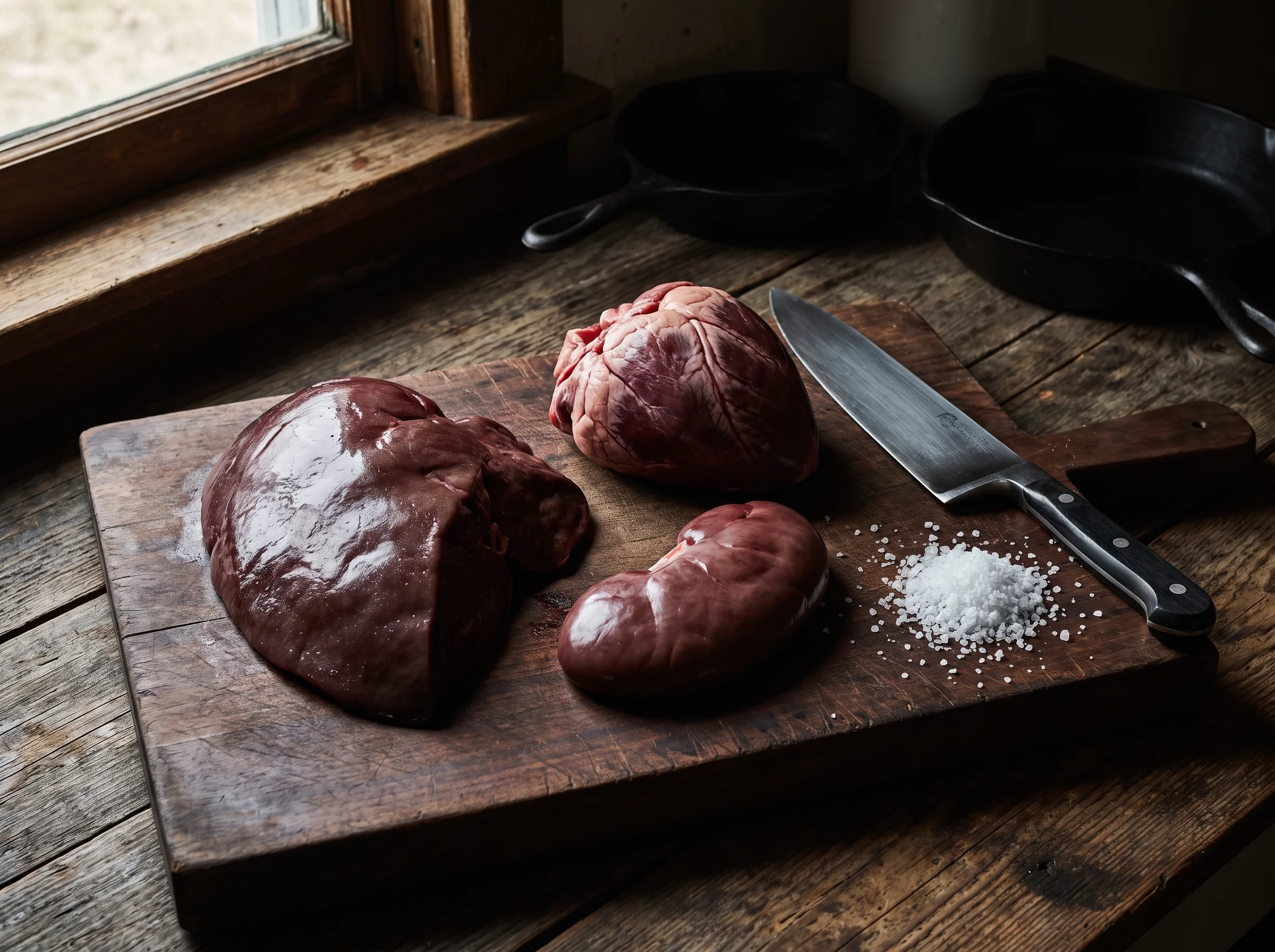 A raw beef liver, heart and kidney arranged on a dark wooden cutting board next to a chef's knife and coarse salt, moody kitc