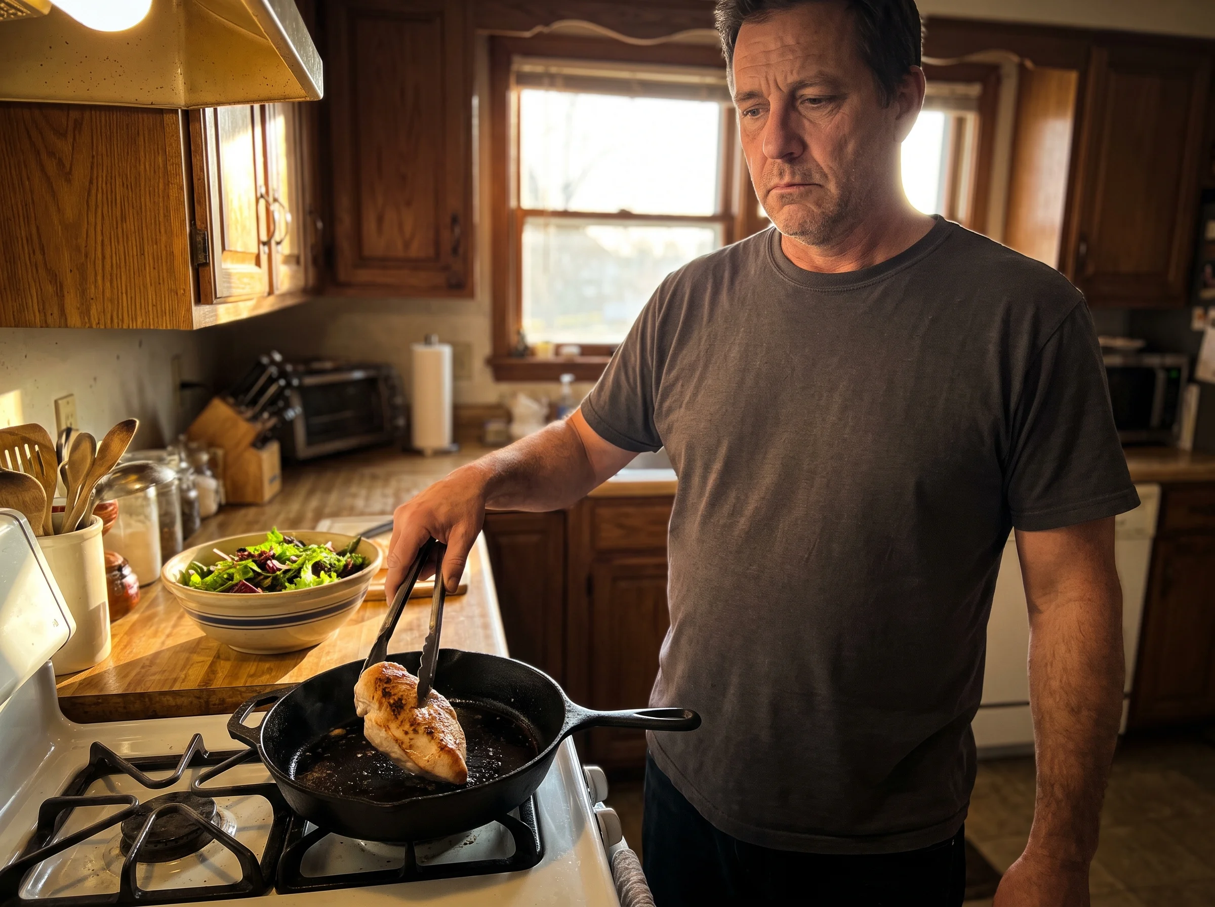 A middle-aged man in a plain t-shirt at a home kitchen counter, grilling a boneless chicken breast in a pan, salad bowl on th