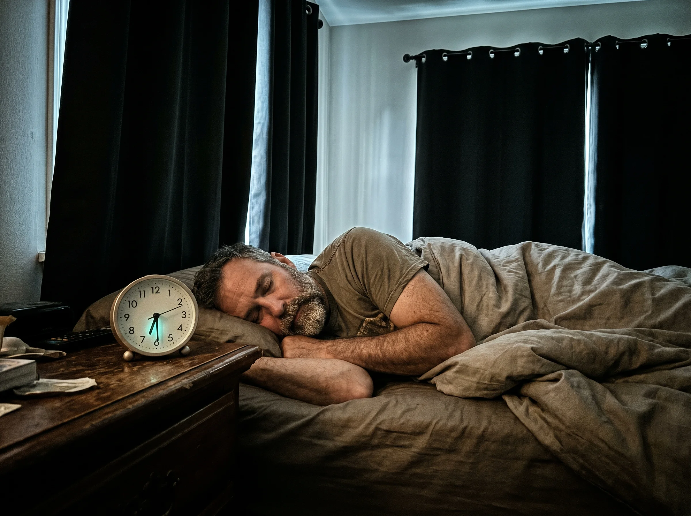 A man in his early 50s asleep on his side in a dark bedroom, blackout curtains drawn, a simple analog alarm clock on the nigh