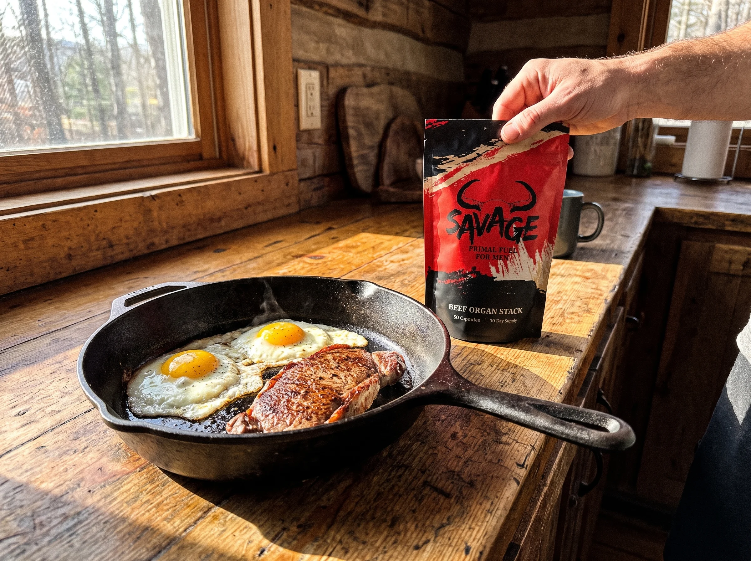 The Savage Beef Organ Stack pouch, a red and black stand-up pouch with a bull-horn logo and the words BEEF ORGAN STACK, sitti