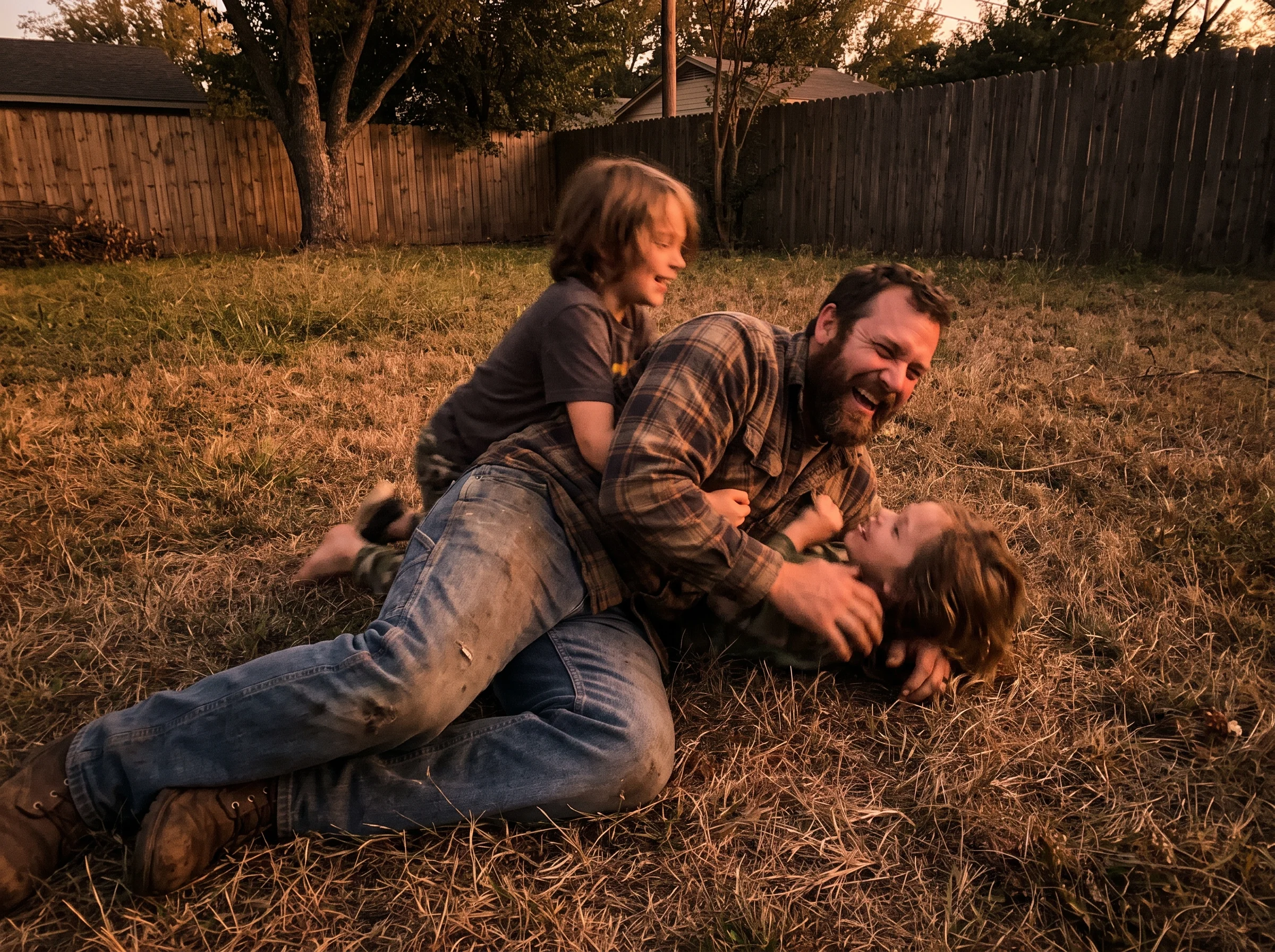 A man in his early 50s outside in the backyard at dusk, laughing while wrestling around with his two kids on the grass, hones