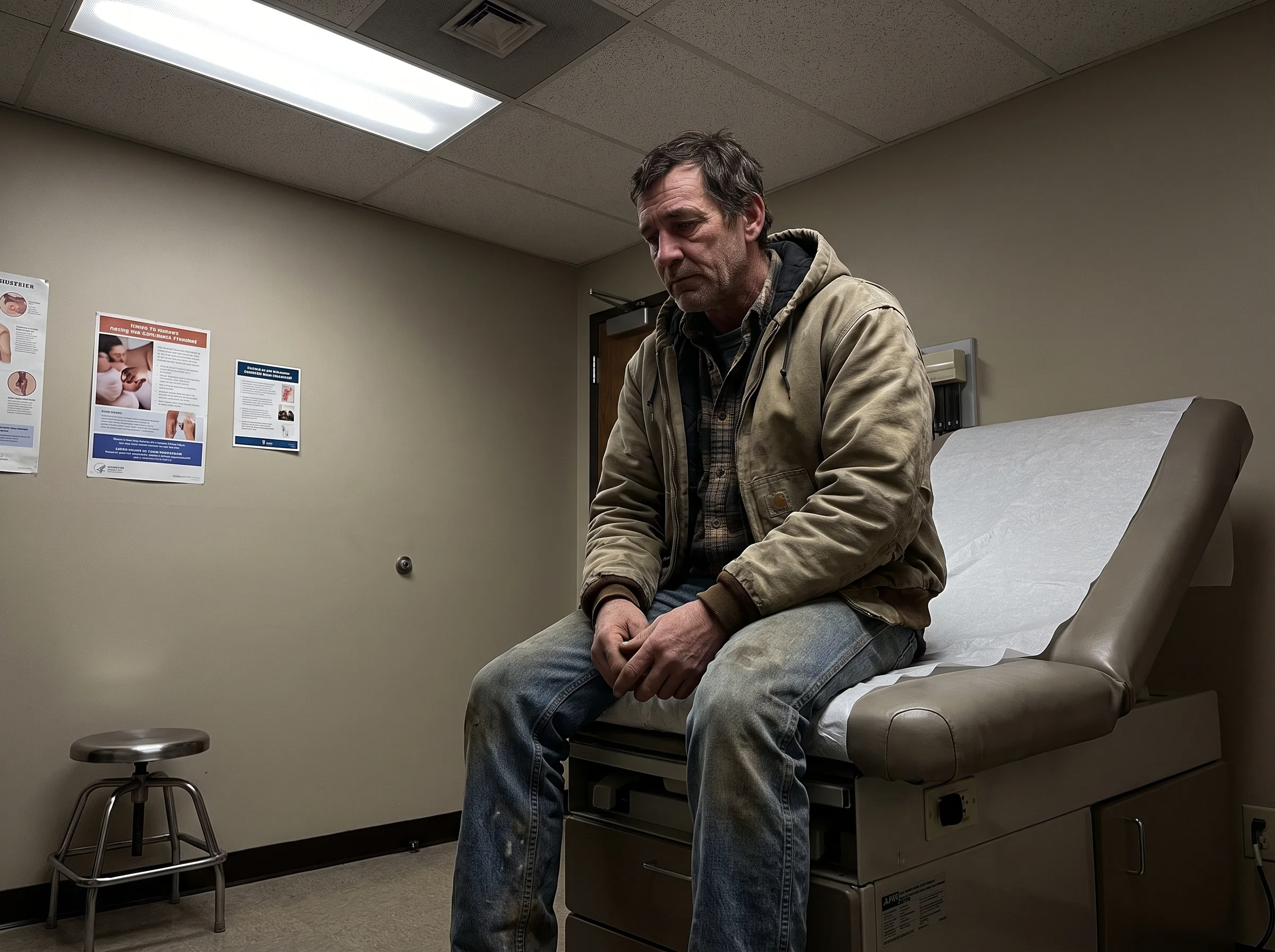 A weary man in his early 50s sitting on the paper-covered exam table of a small clinic room, still in his work clothes, waiti