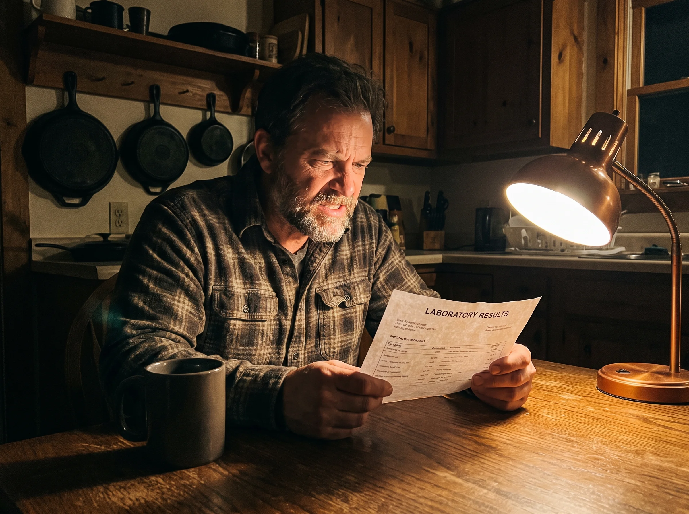 A man in his early 50s at his kitchen table at night, reading a printed lab result under a single lamp, jaw set, coffee mug g