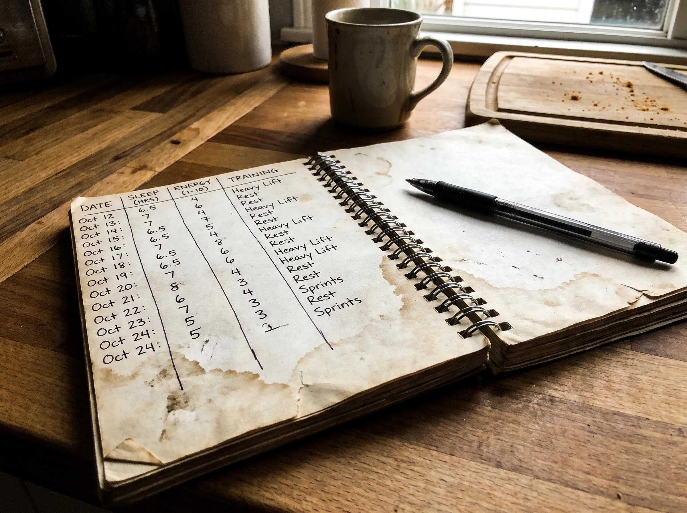 A worn spiral notebook open on a kitchen counter, hand-written columns tracking sleep hours, energy, and training over two we