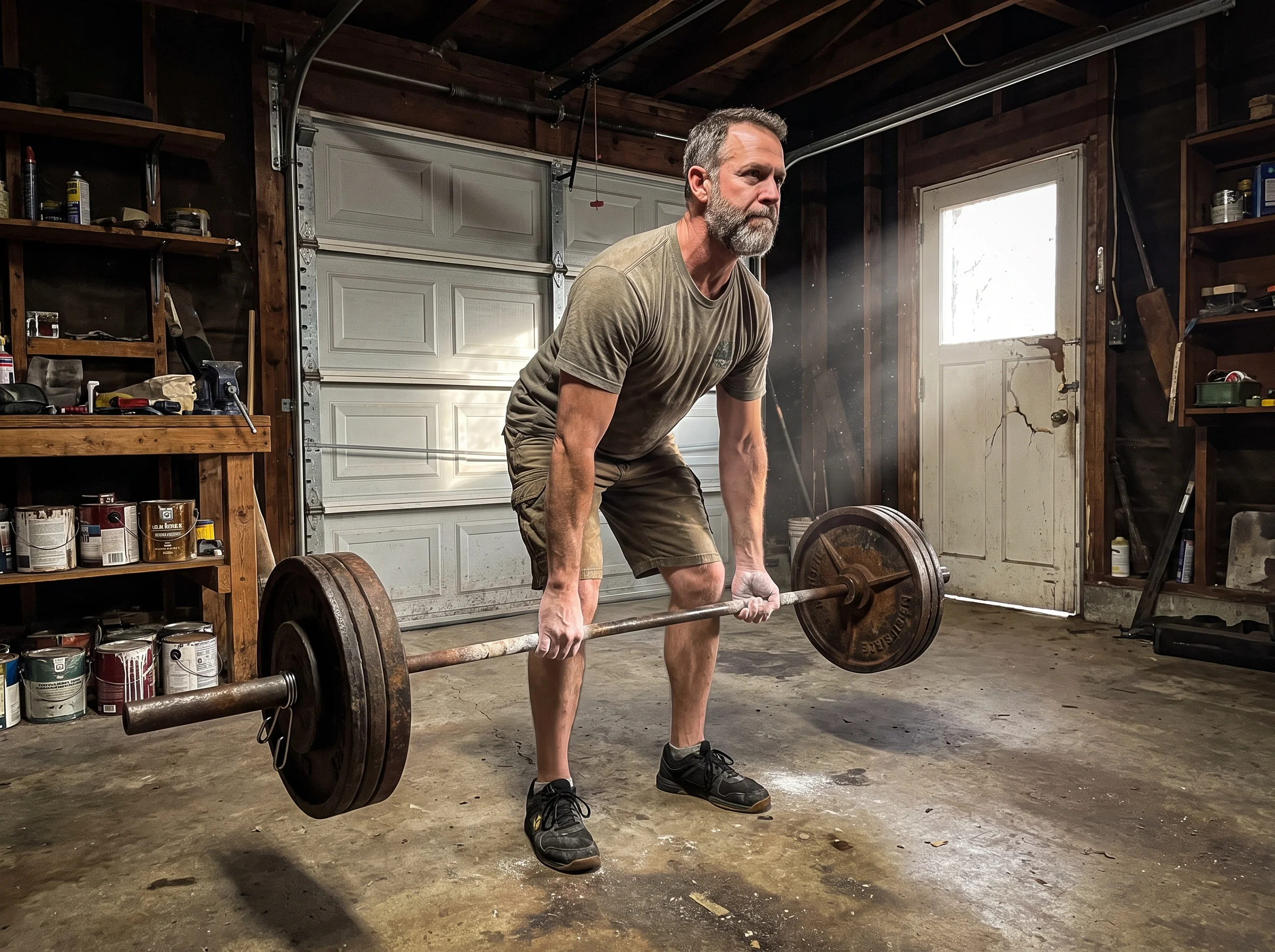 A man in his early 50s mid-deadlift in a plain home garage gym, chalked hands, worn barbell, morning light through a cracked 