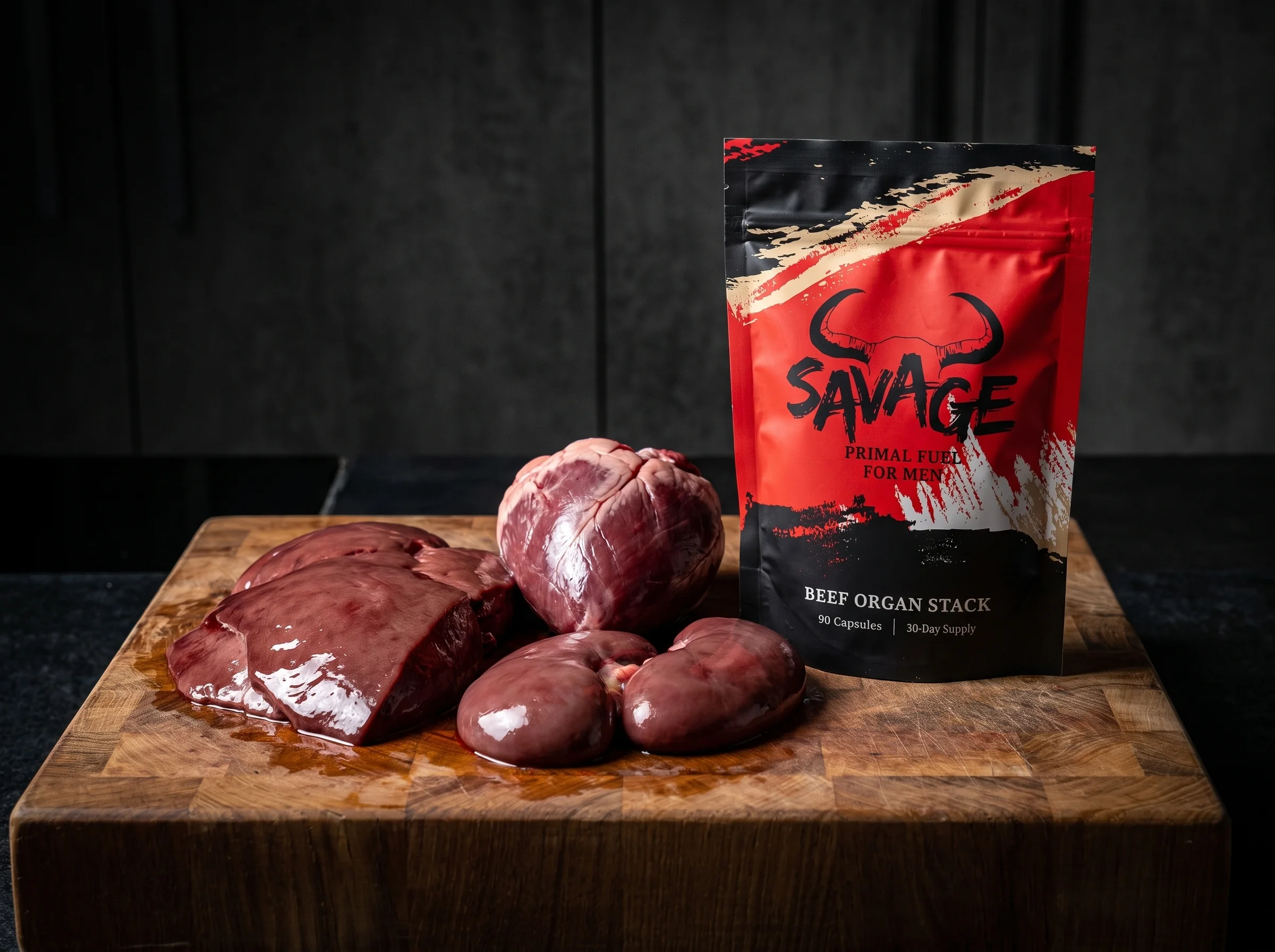 Fresh beef liver, heart, and kidney arranged on a butcher block, raw and honest, next to the Savage Beef Organ Stack pouch, a