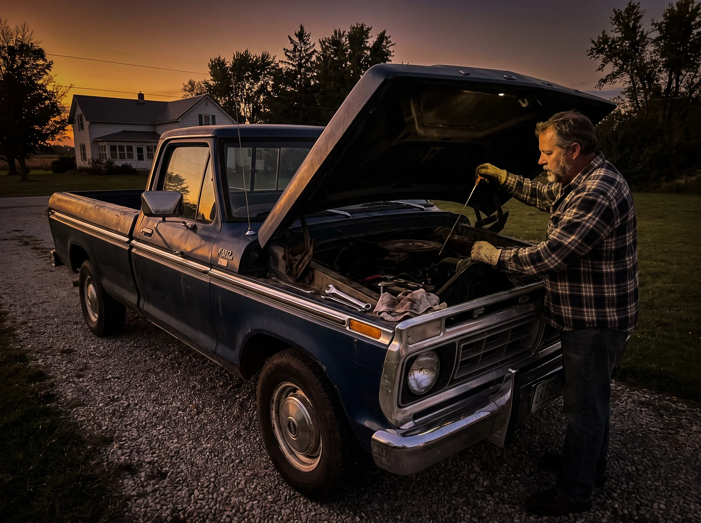 An old blue pickup truck parked in a gravel driveway at dusk, hood open, tools on the fender, a middle-aged man in a flannel 