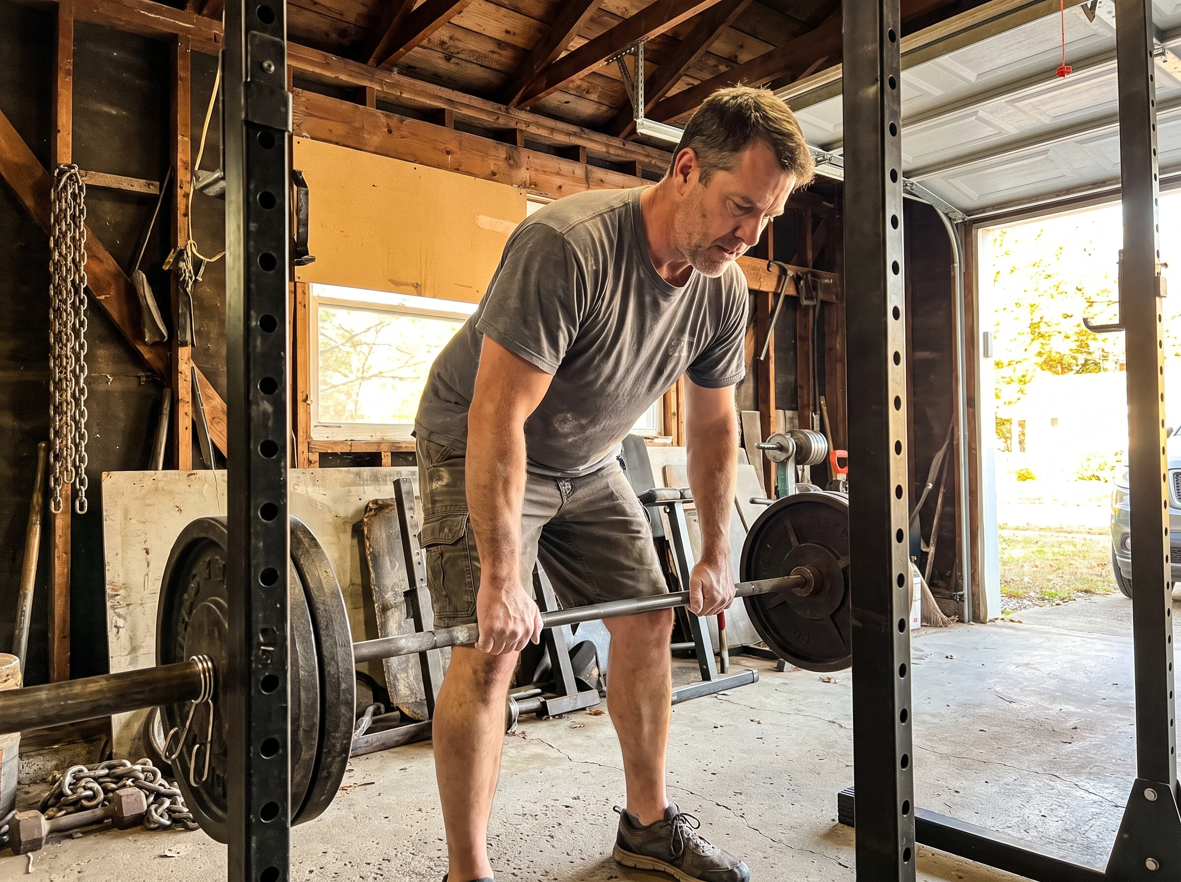 A 50 year old man in a chalky garage gym setting up for a heavy barbell squat, warm afternoon light through the open door, no