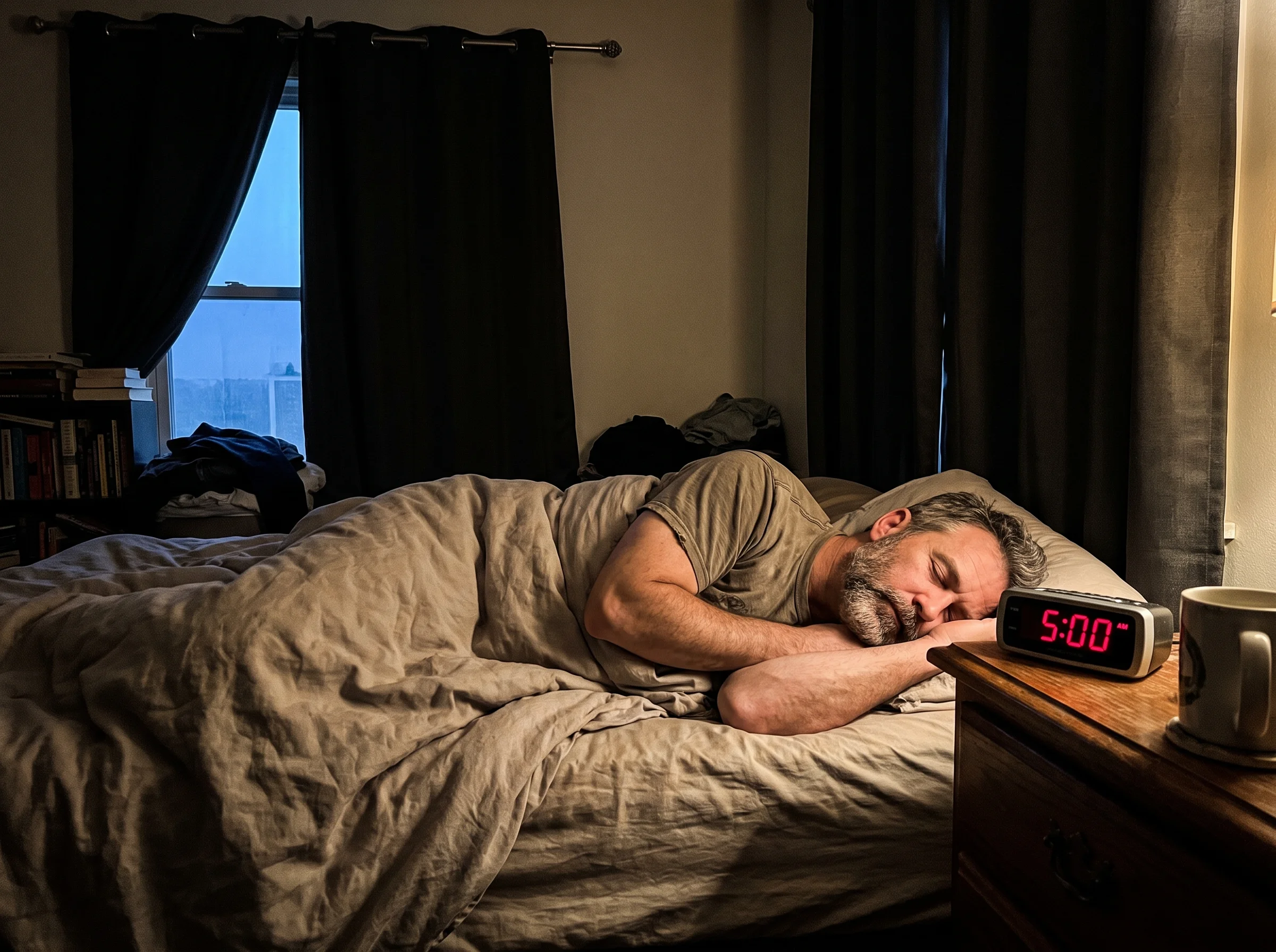 A middle-aged man asleep on his side in a dark bedroom at 5am, alarm clock glowing on the nightstand, blackout curtains half 