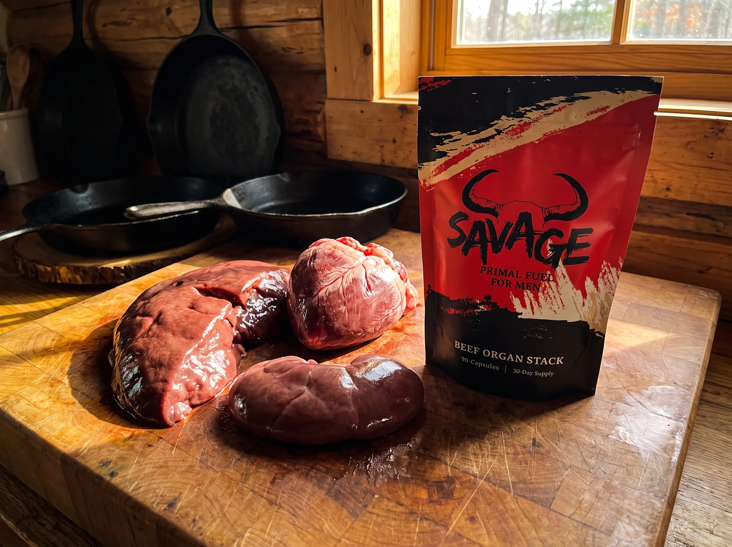 Raw beef liver, heart, and kidney arranged on a butcher block next to the Savage Beef Organ Stack pouch, a red and black stan