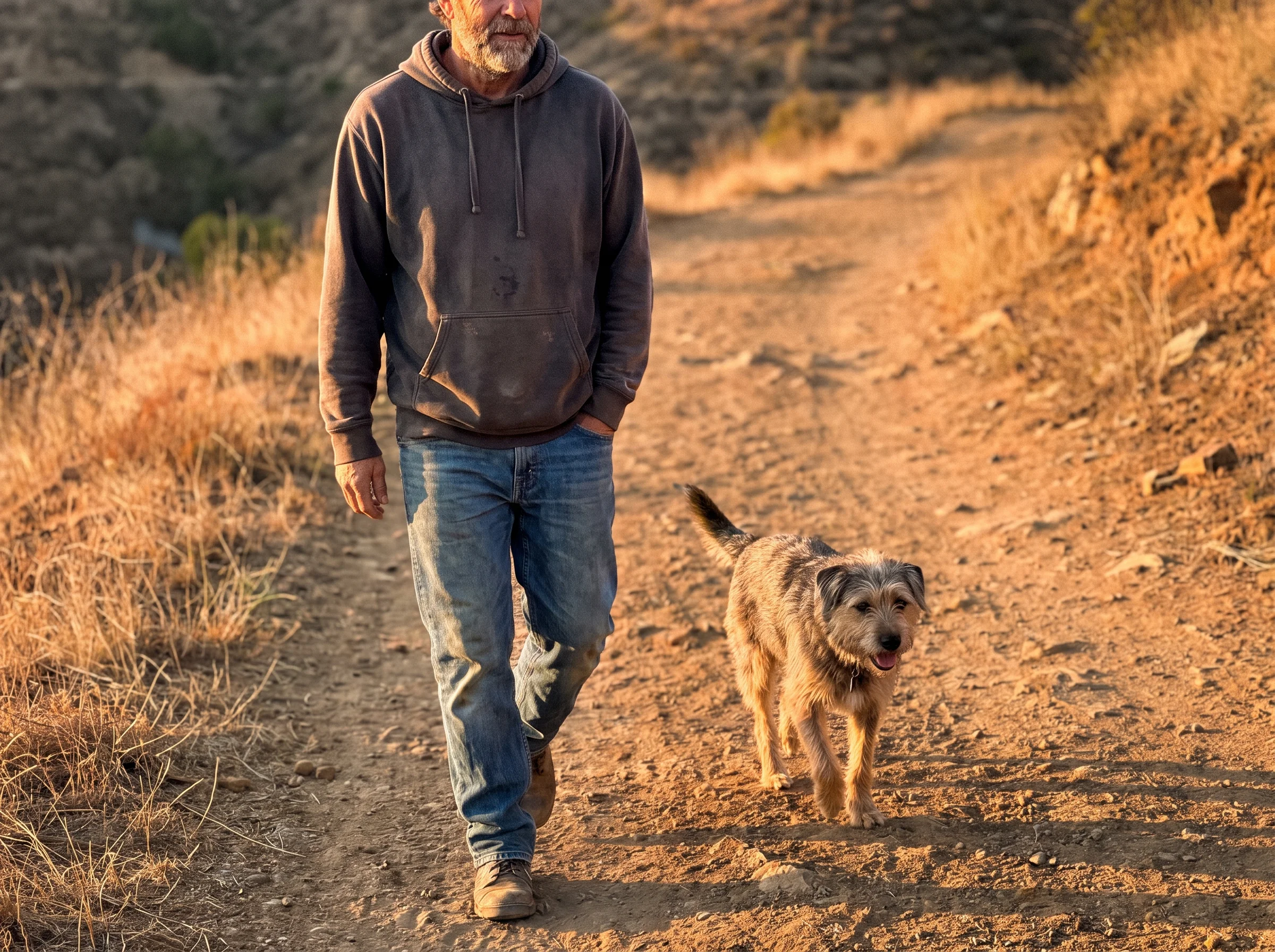 A 50 year old man walking a dirt trail at golden hour, dressed in a worn hoodie and jeans, dog trotting beside him, easy pace