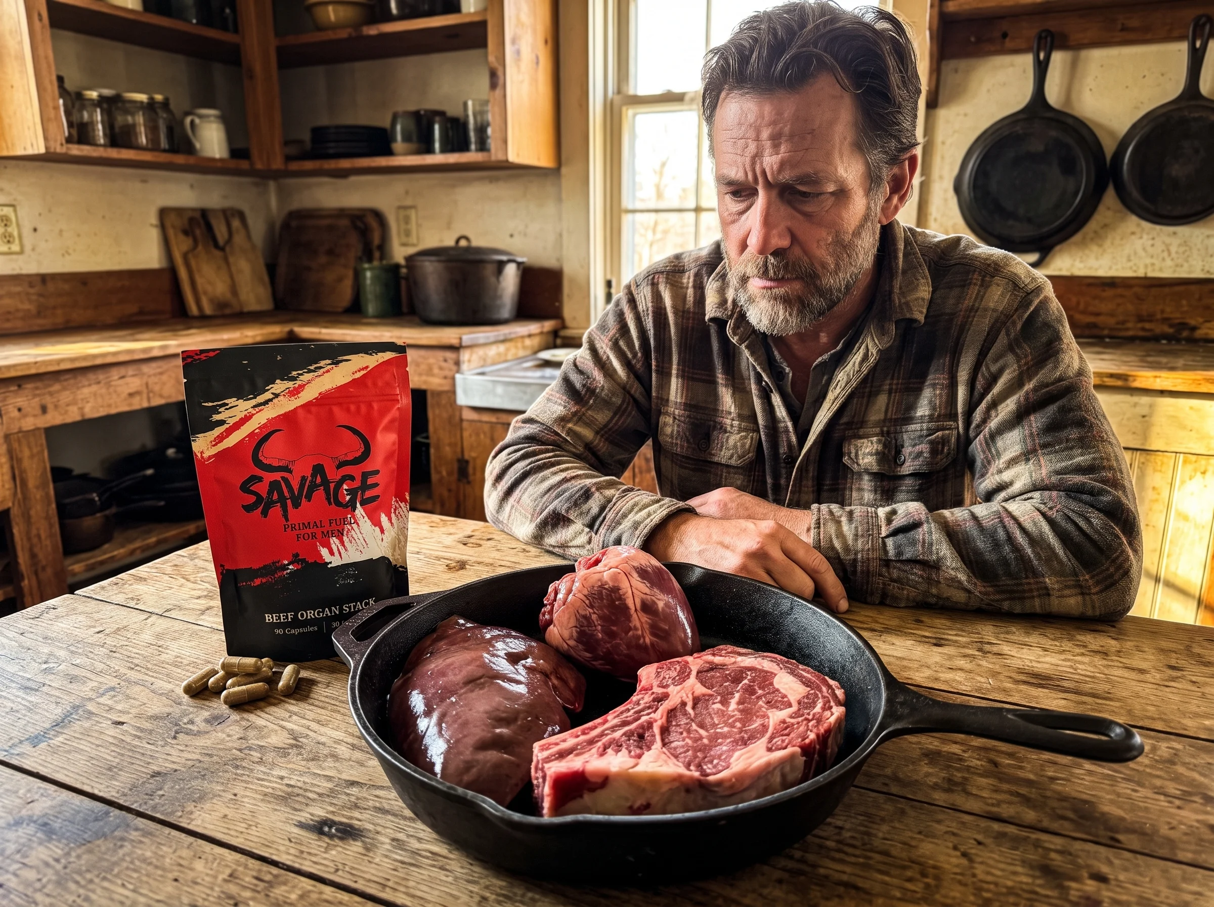 A weathered old kitchen table with a cast-iron pan holding raw beef liver, a beef heart, and a bone-in ribeye laid out togeth